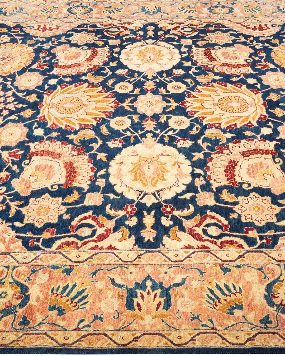 One-Of-A-Kind Hand Knotted Traditional Floral Mogul Blue Area Rug In New Condition For Sale In Norwalk, CT