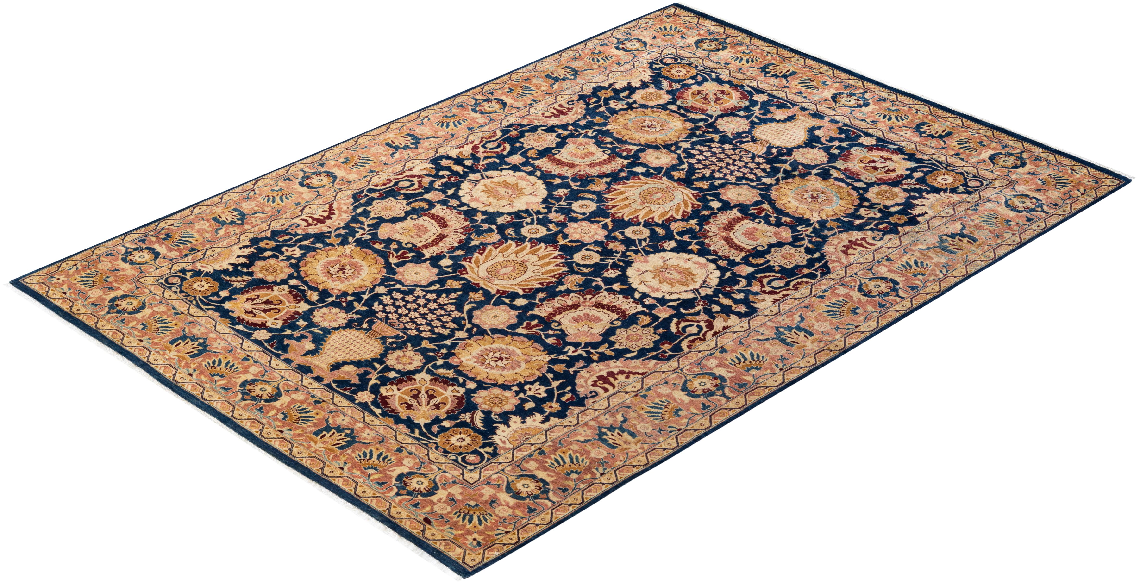 One-Of-A-Kind Hand Knotted Traditional Floral Mogul Blue Area Rug For Sale 2