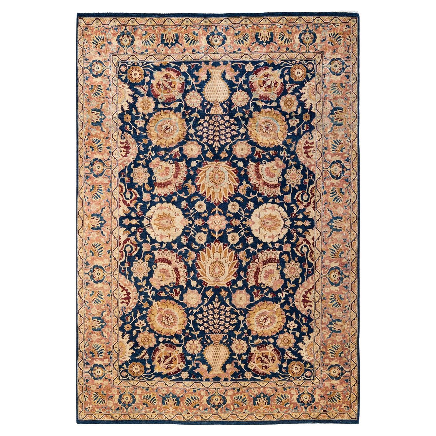 One-Of-A-Kind Hand Knotted Traditional Floral Mogul Blue Area Rug