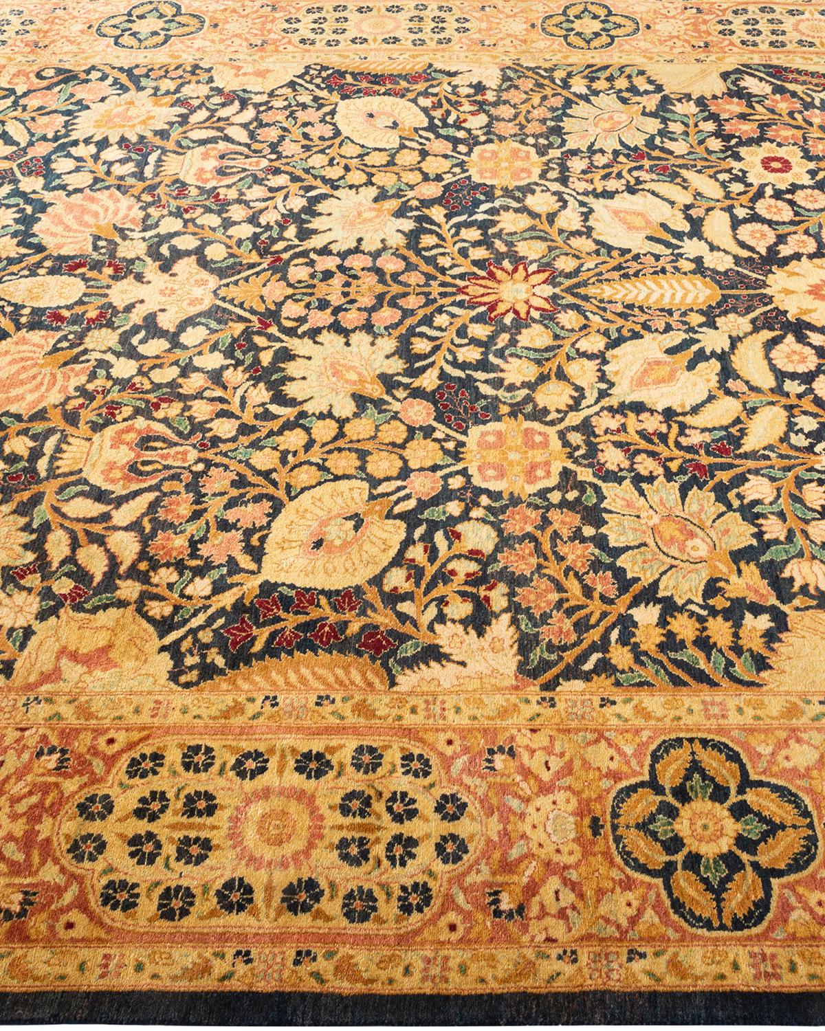 One-of-a-kind Hand Knotted Traditional Floral Mogul Blue Area Rug In New Condition For Sale In Norwalk, CT