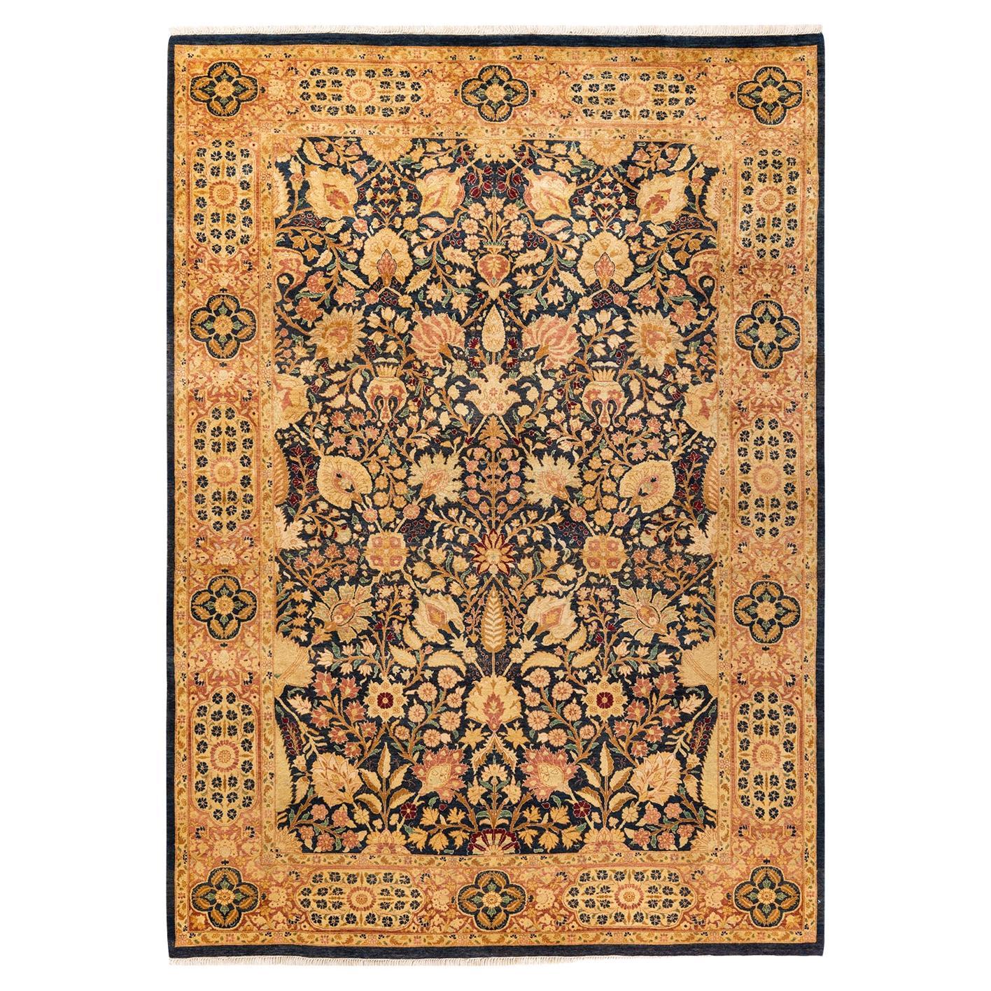 One-of-a-kind Hand Knotted Traditional Floral Mogul Blue Area Rug For Sale