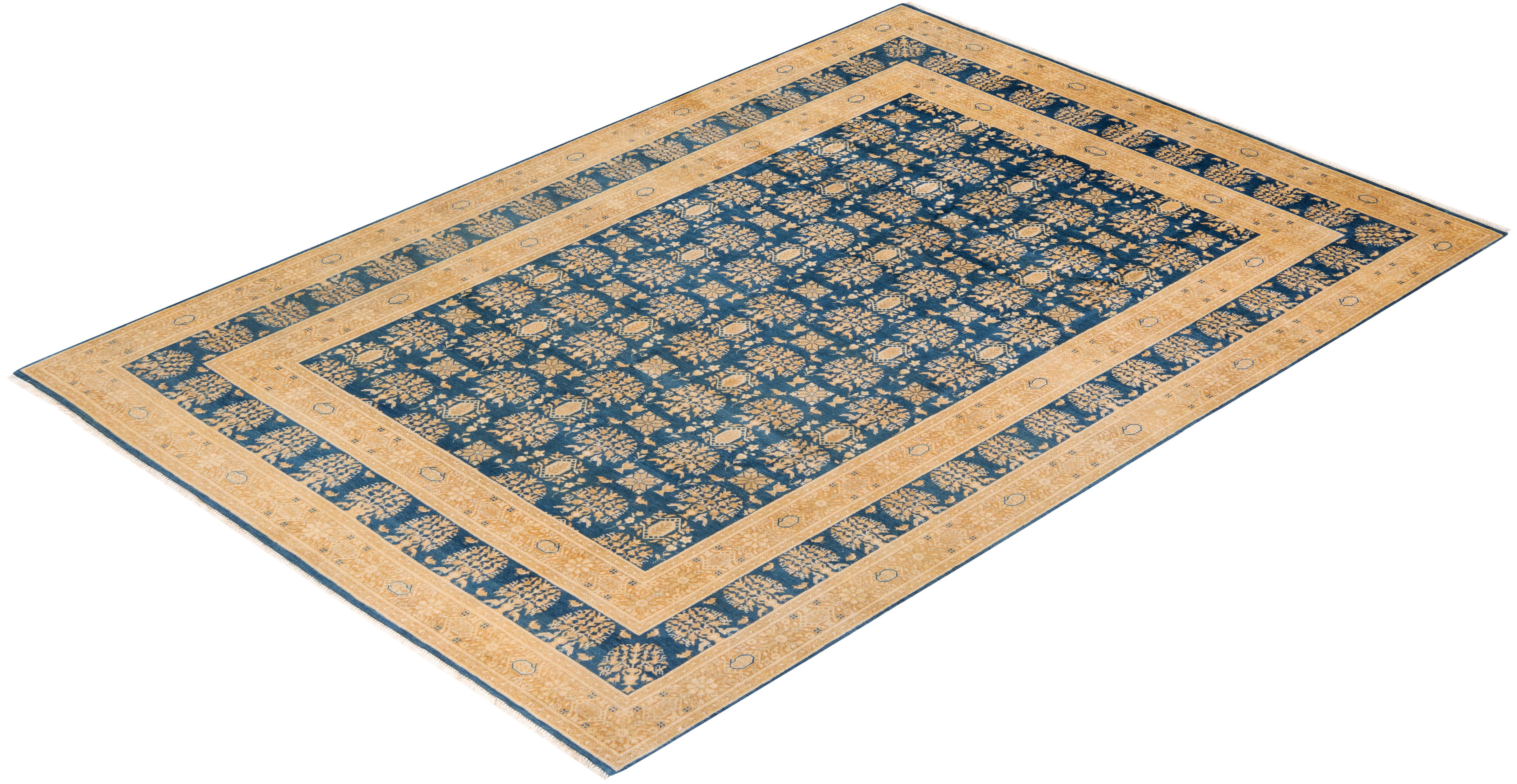 One-of-a-kind Hand Knotted Traditional Floral Mogul Blue Area Rug For Sale 2