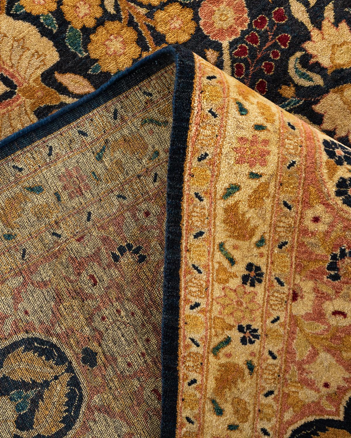 Alfombra Mogul Azul Floral Tradicional Anudada a Mano Única en su Género Lana en venta