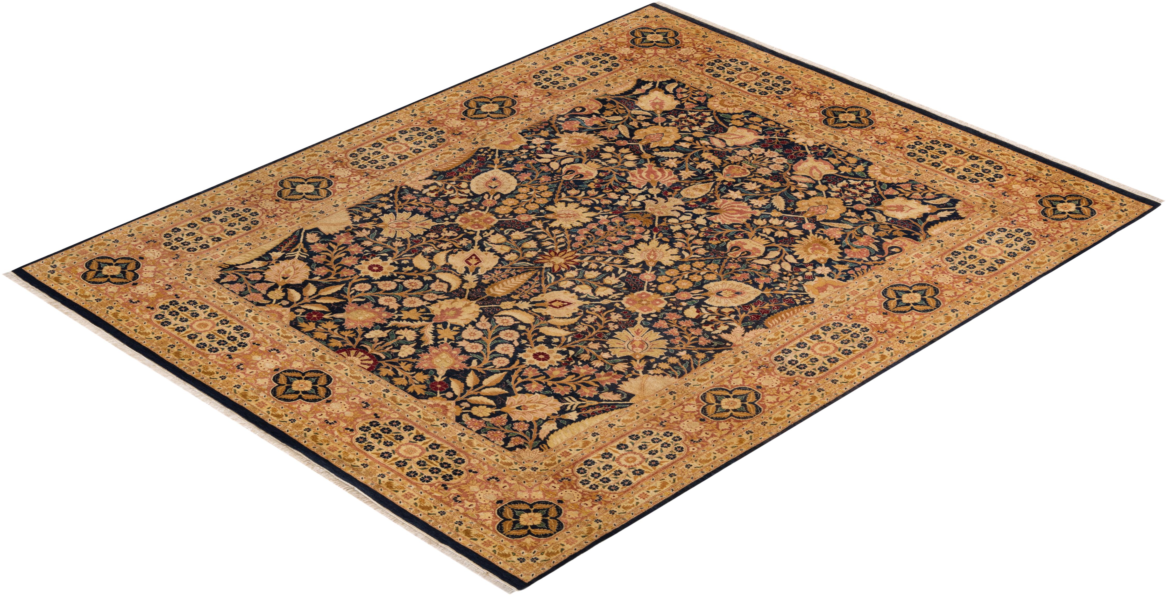 One-Of-A-Kind Hand Knotted Traditional Floral Mogul Blue Area Rug For Sale 2