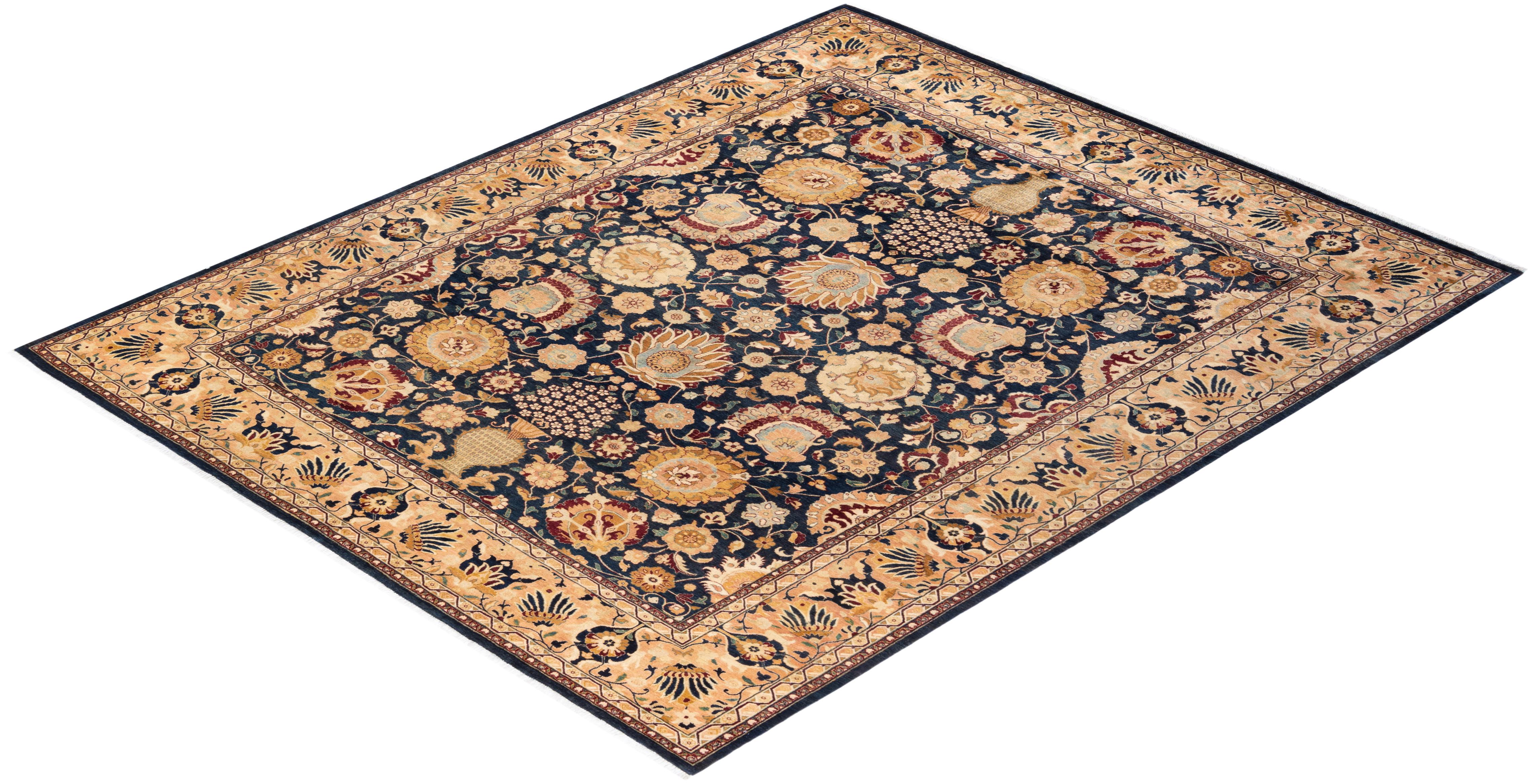 One-of-a-Kind Hand Knotted Traditional Floral Mogul Blue Area Rug 2