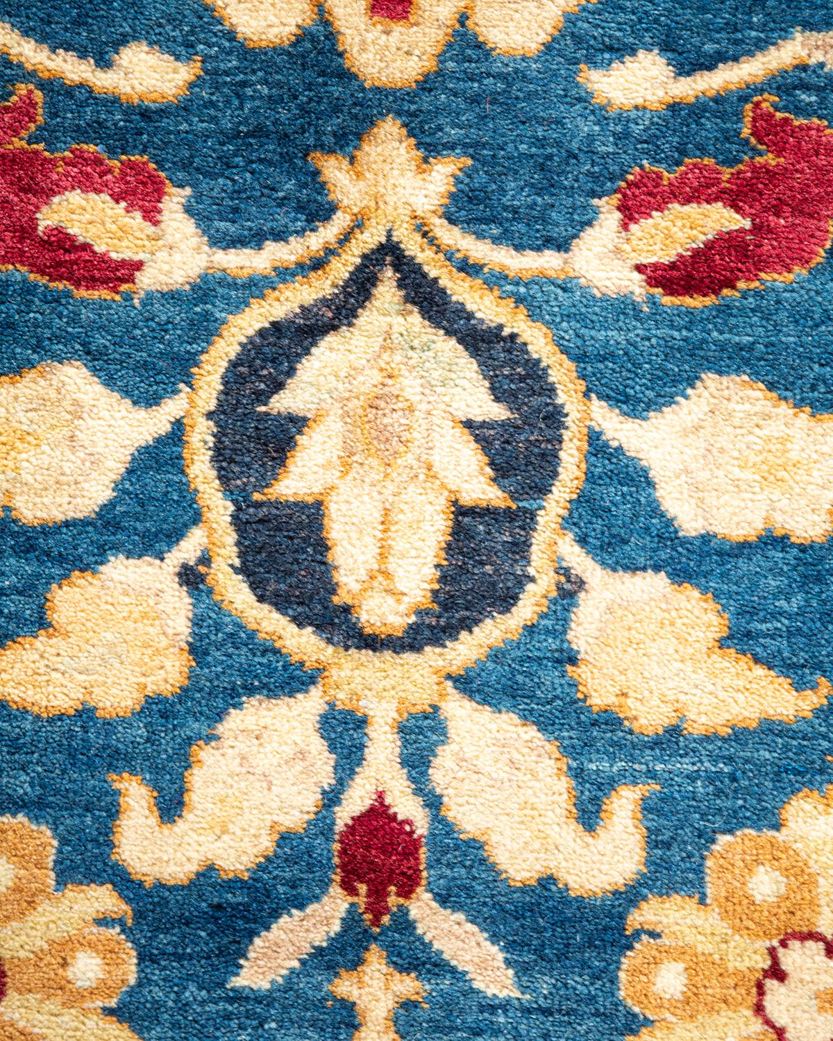 Pakistani One-of-a-kind Hand Knotted Traditional Floral Mogul Blue Area Rug