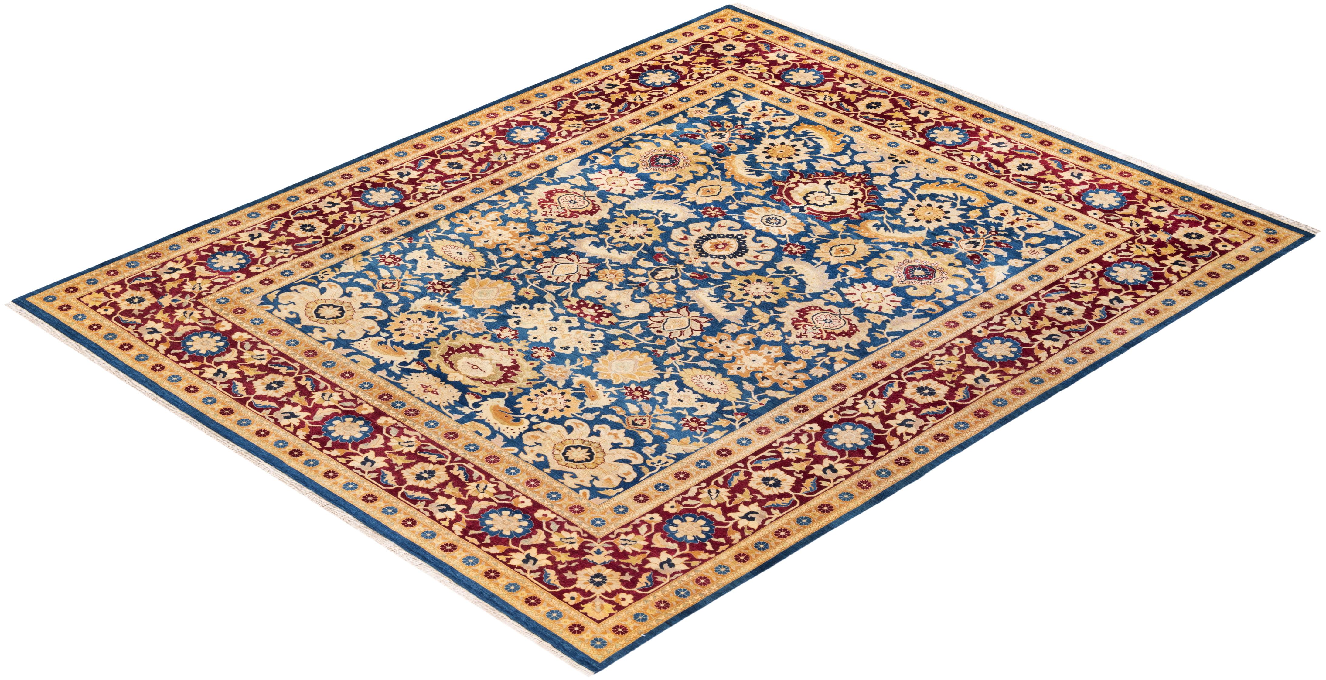 One-of-a-kind Hand Knotted Traditional Floral Mogul Blue Area Rug 2