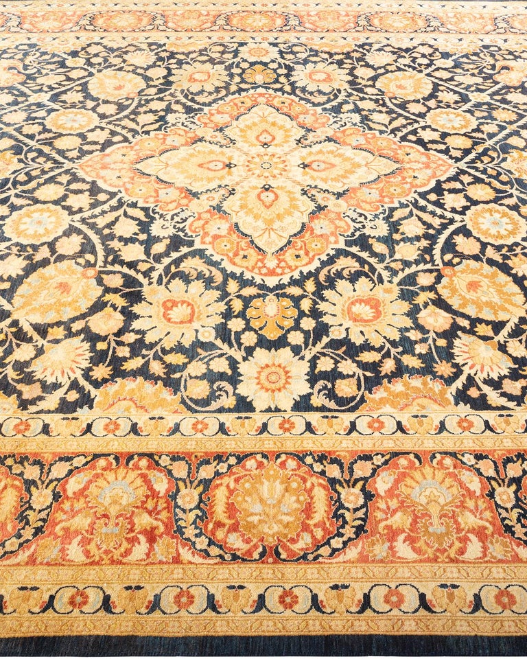 One-Of-A-Kind Hand Knotted Traditional Floral Mogul Blue Area Rug 8' 1
