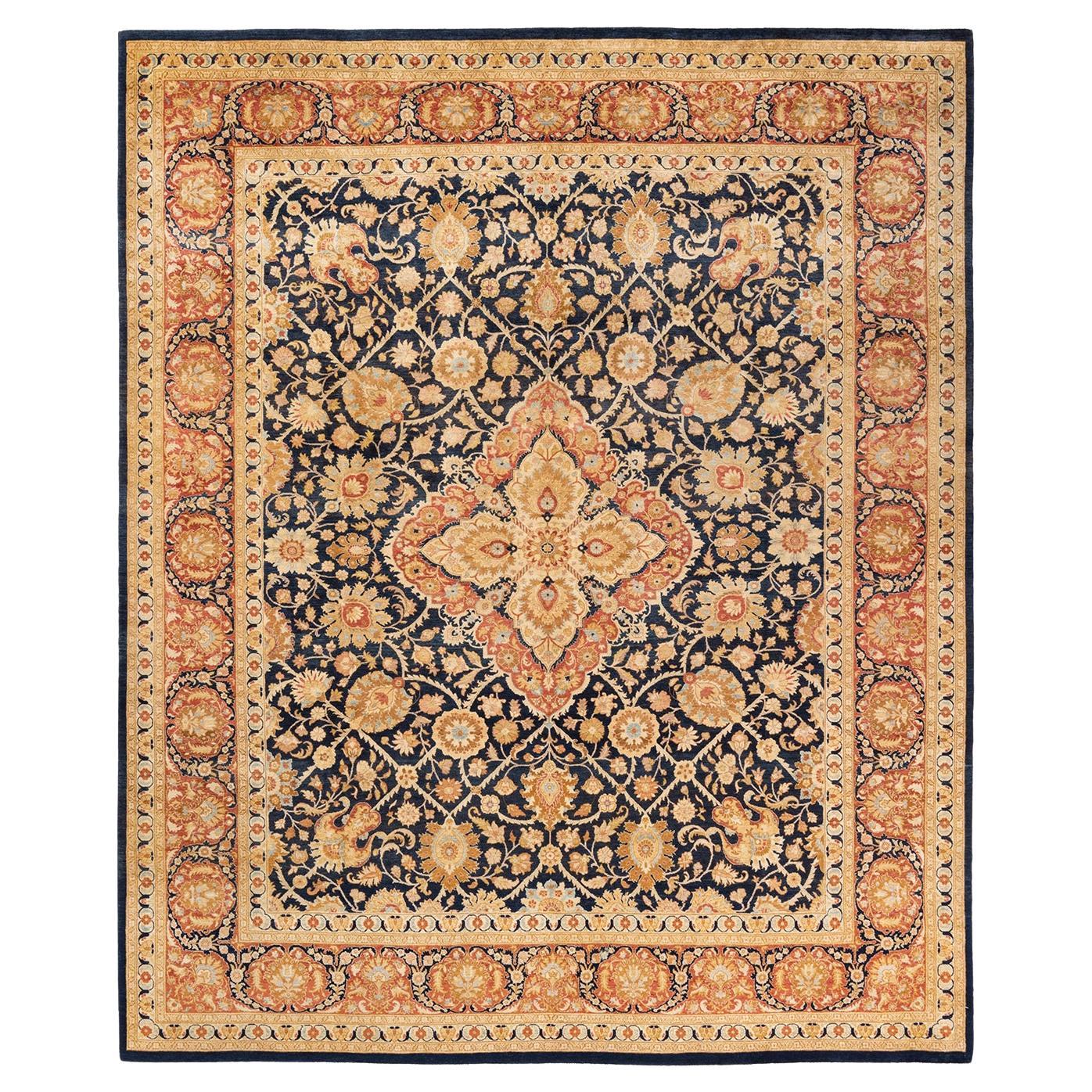 One-Of-A-Kind Hand Knotted Traditional Floral Mogul Blue Area Rug 8' 1" x 9' 10" For Sale