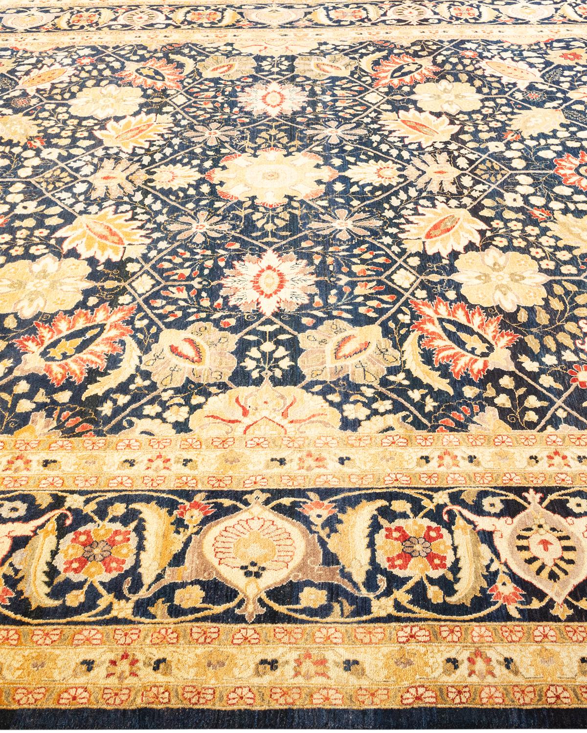 One-of-a-kind Hand Knotted Traditional Floral Mogul Blue Area Rug In New Condition For Sale In Norwalk, CT