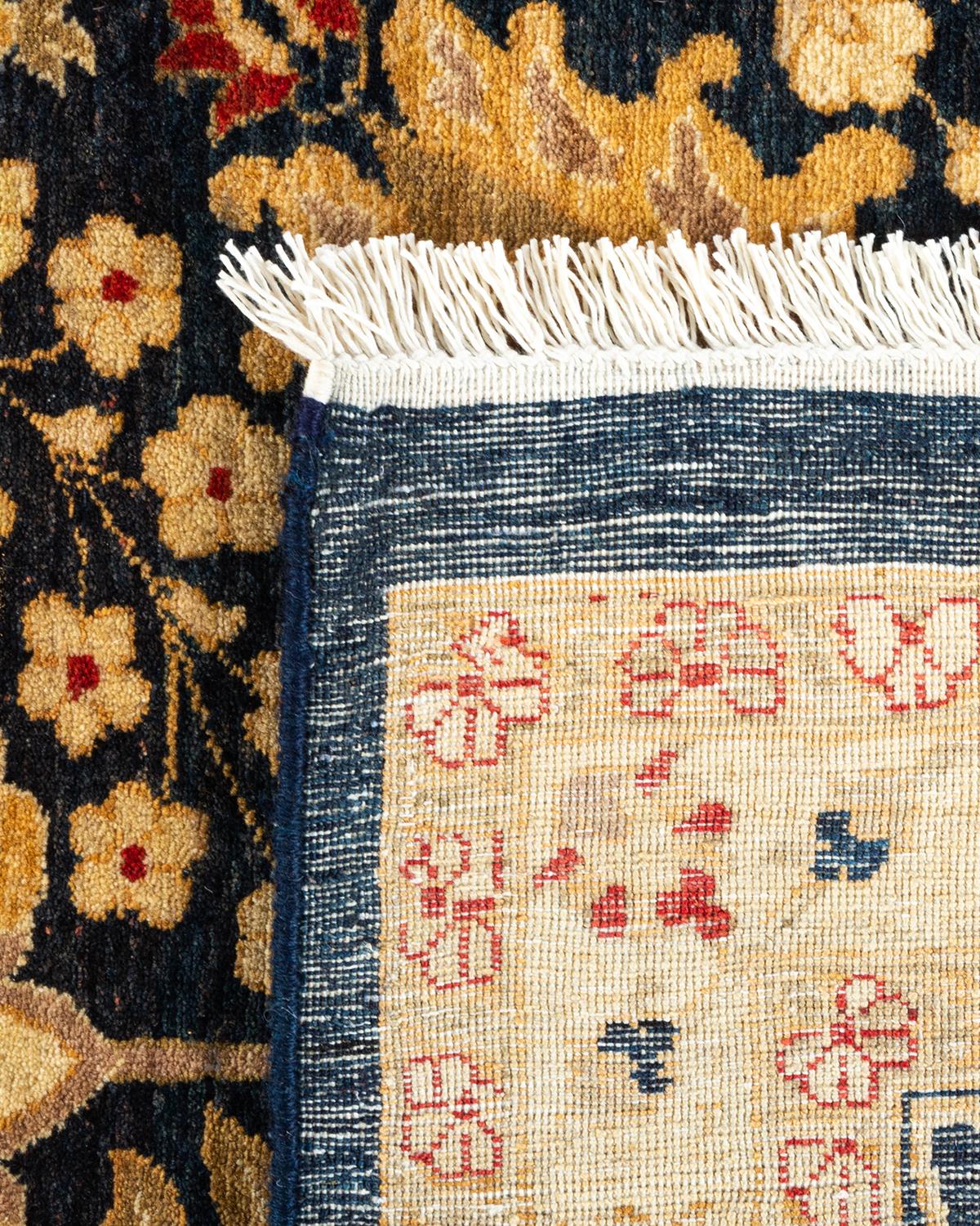 Contemporary One-of-a-kind Hand Knotted Traditional Floral Mogul Blue Area Rug For Sale
