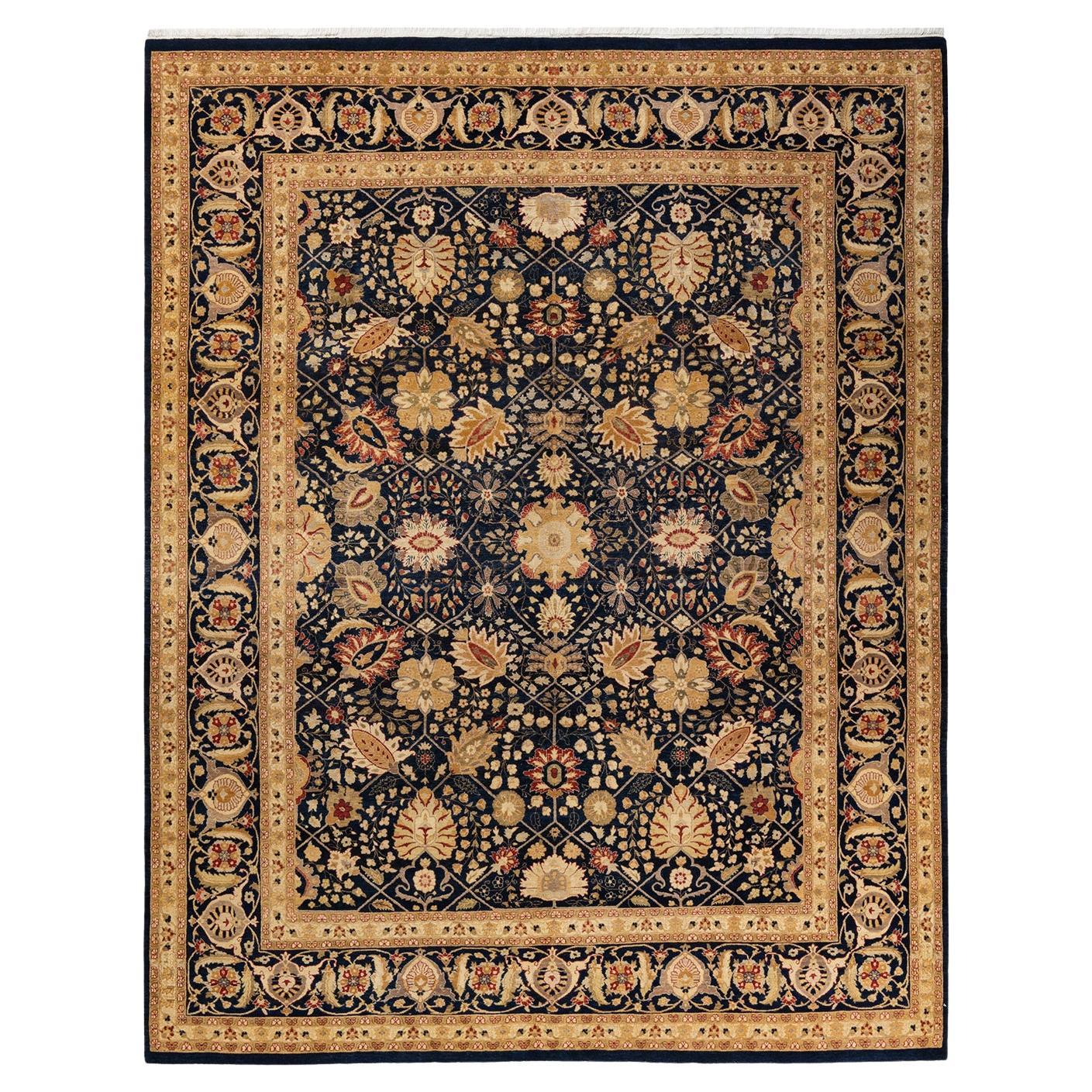 One-of-a-kind Hand Knotted Traditional Floral Mogul Blue Area Rug For Sale