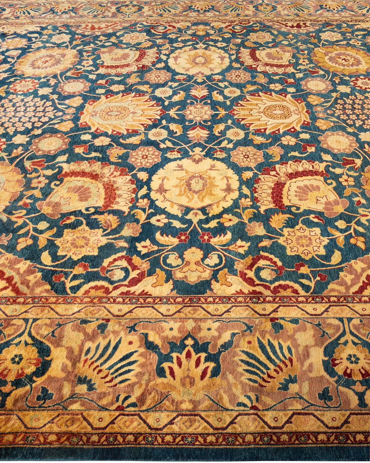 Tapis traditionnel bleu moghole noué à la main, unique en son genre, de 8' 3