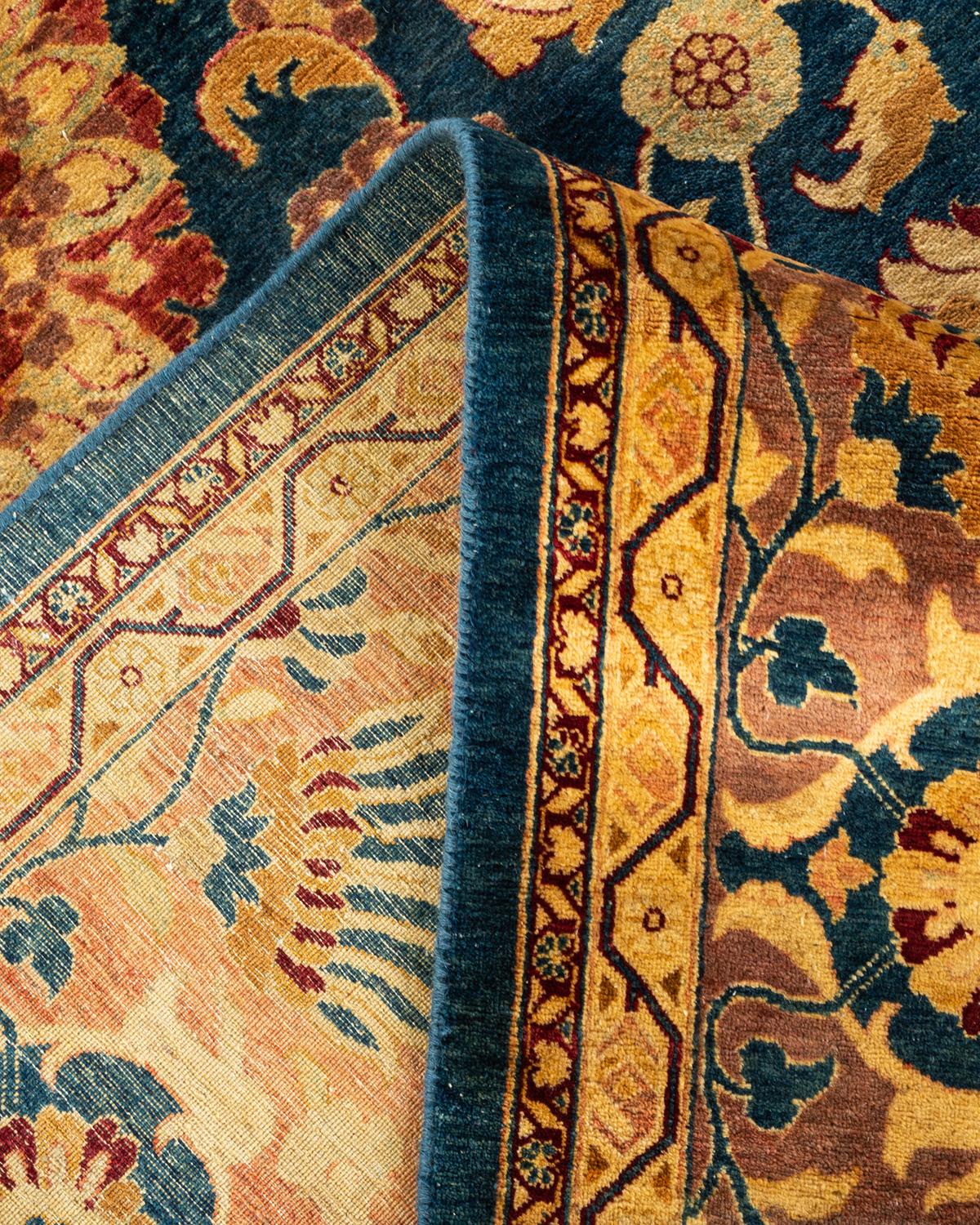 Laine Tapis traditionnel bleu moghole noué à la main, unique en son genre, de 8' 3