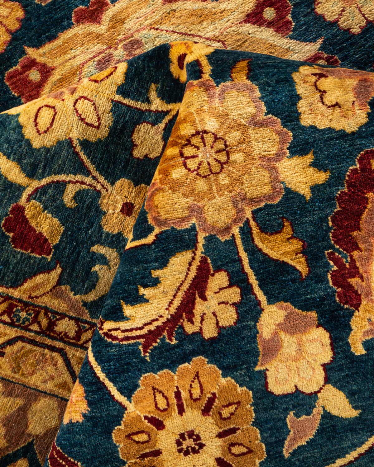 Tapis traditionnel bleu moghole noué à la main, unique en son genre, de 8' 3