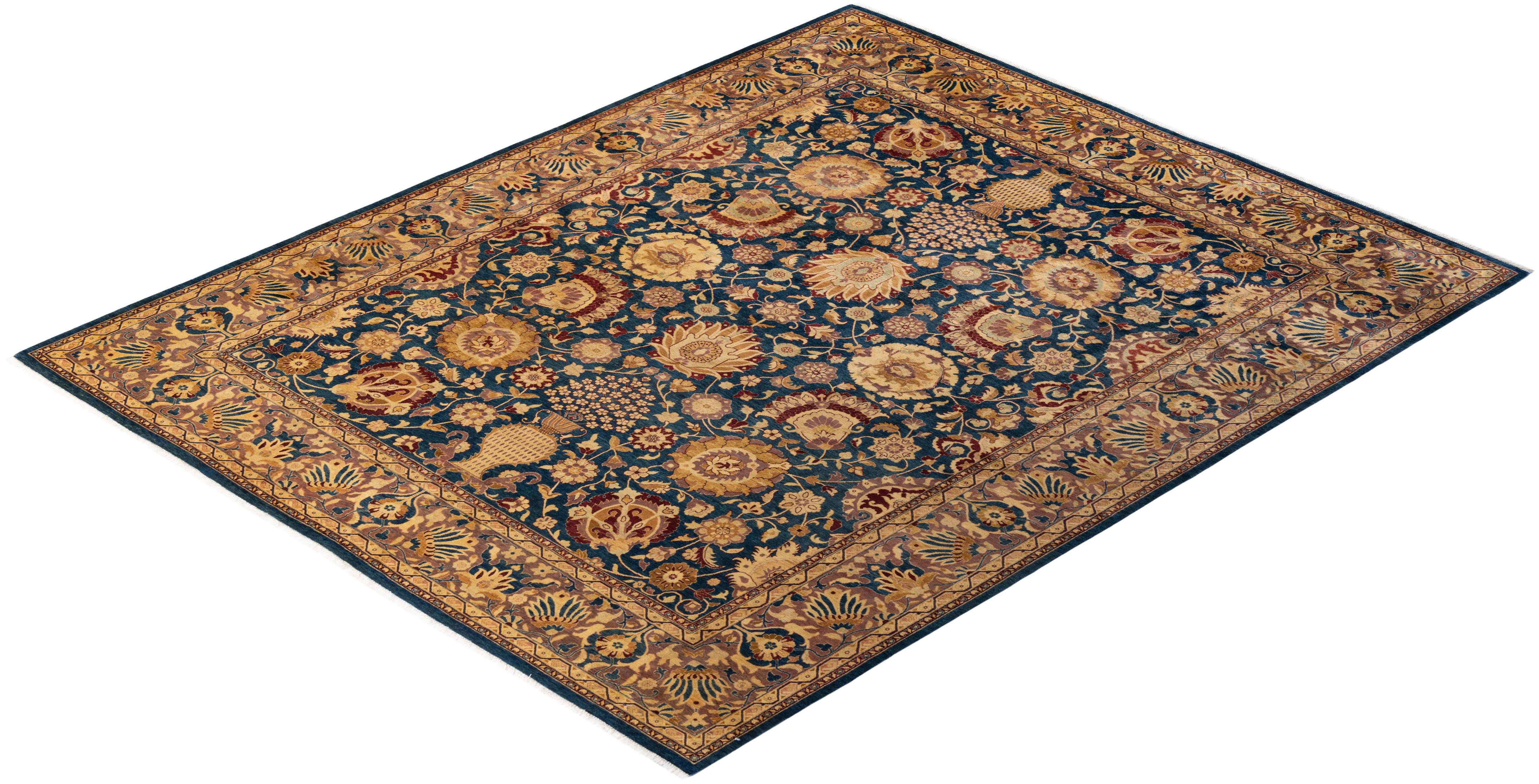 Tapis traditionnel bleu moghole noué à la main, unique en son genre, de 8' 3