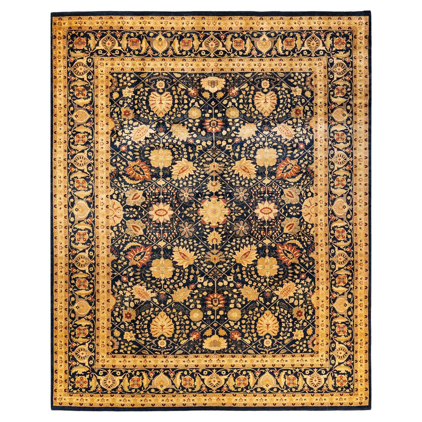 One-Of-A-Kind Hand Knotted Traditional Floral Mogul Blue Area Rug