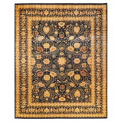 One-Of-A-Kind Hand Knotted Traditional Floral Mogul Blue Area Rug