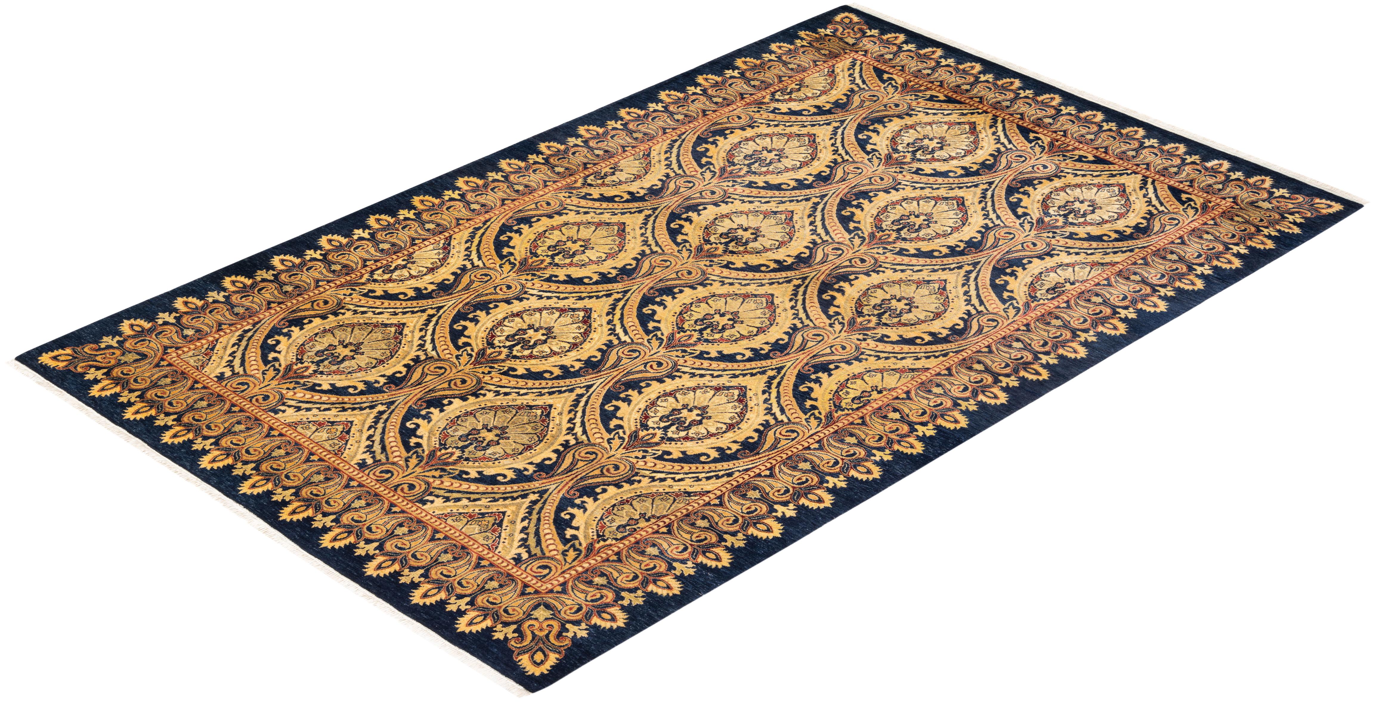 One-of-a-kind Hand Knotted Traditional Floral Mogul Blur Area Rug For Sale 2