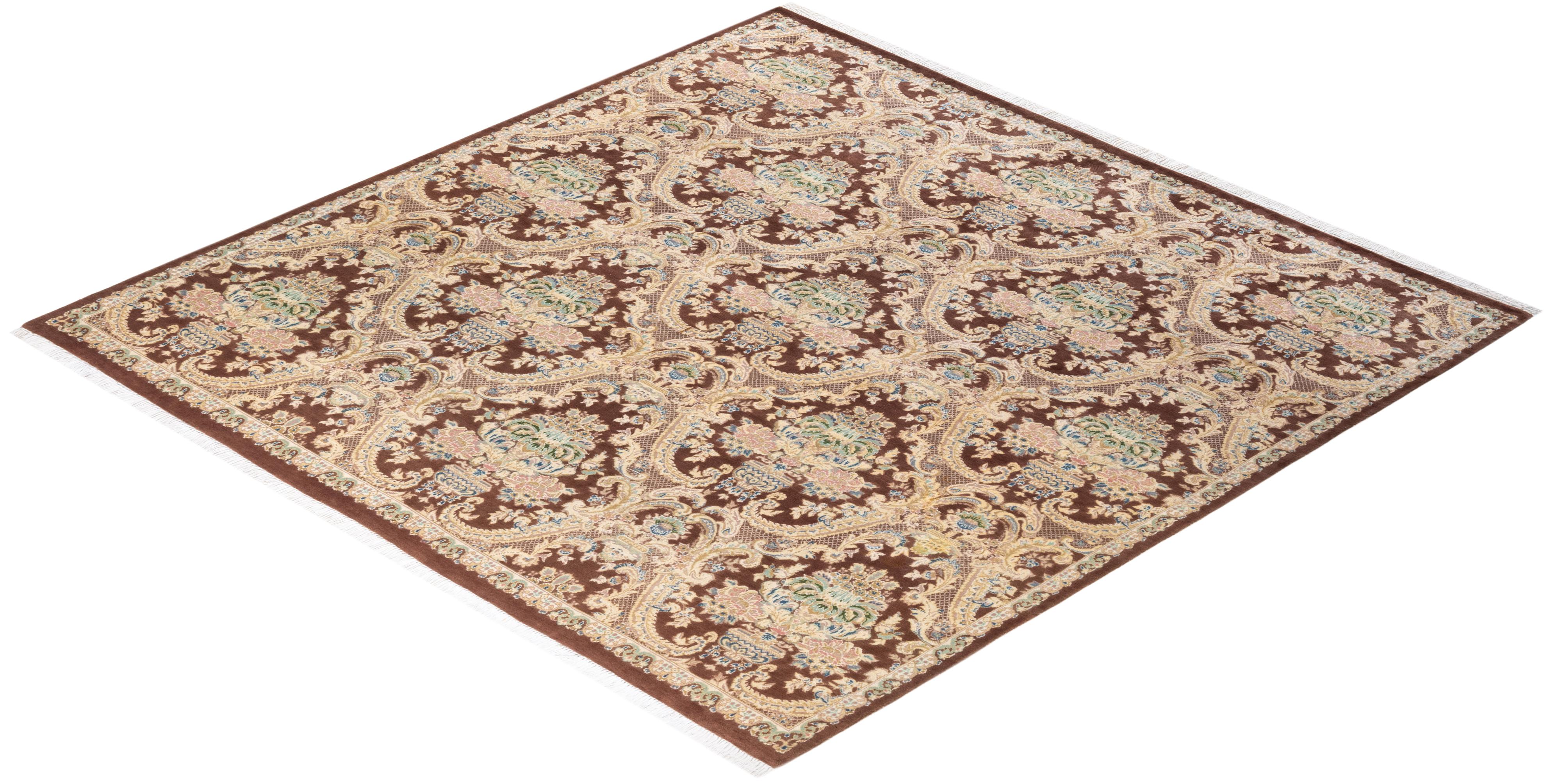 One-of-a-kind Hand Knotted Traditional Floral Mogul Brown Area Rug For Sale 2