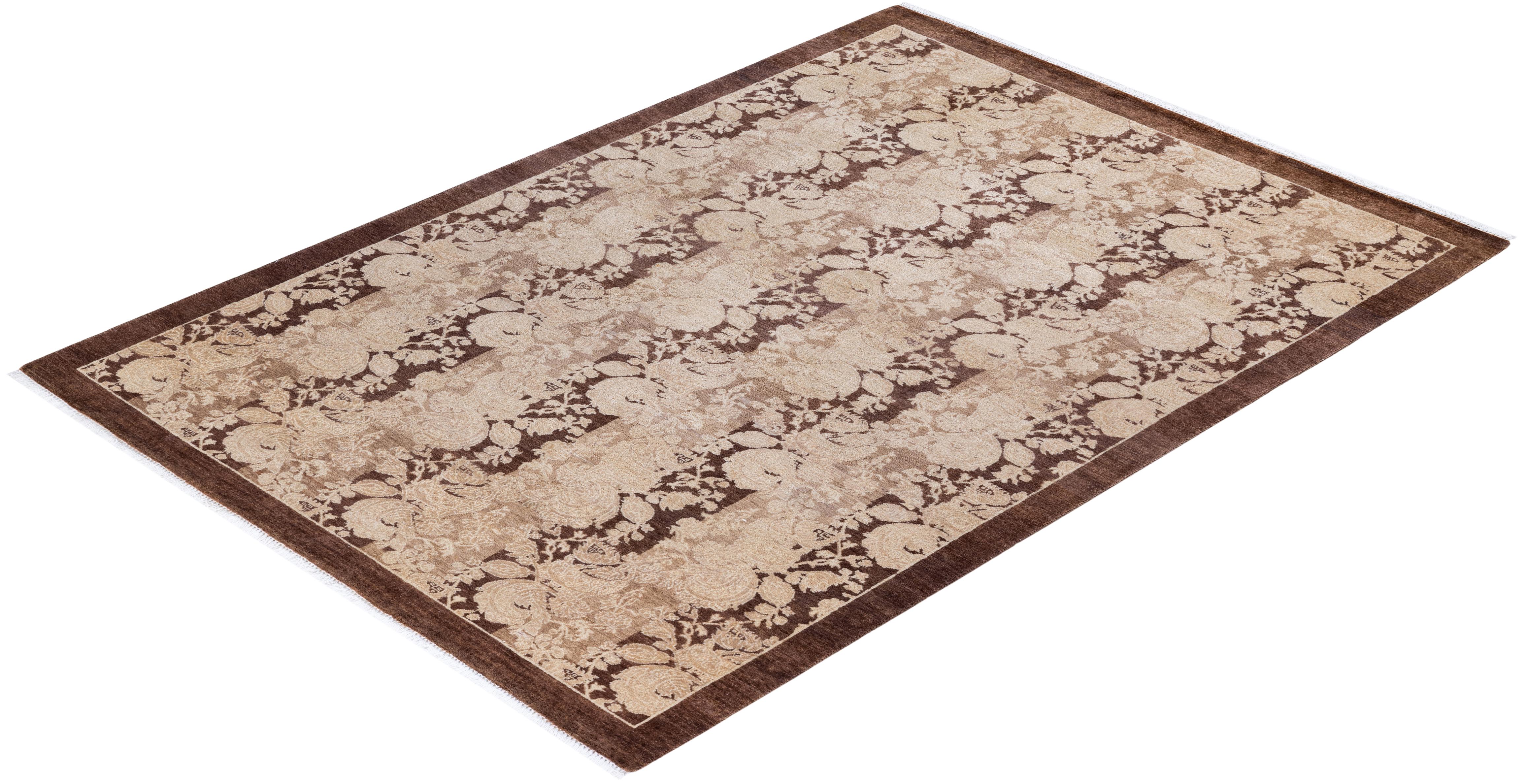 One of a Kind Hand Knotted Traditional Floral Mogul Brown Area Rug For Sale 2