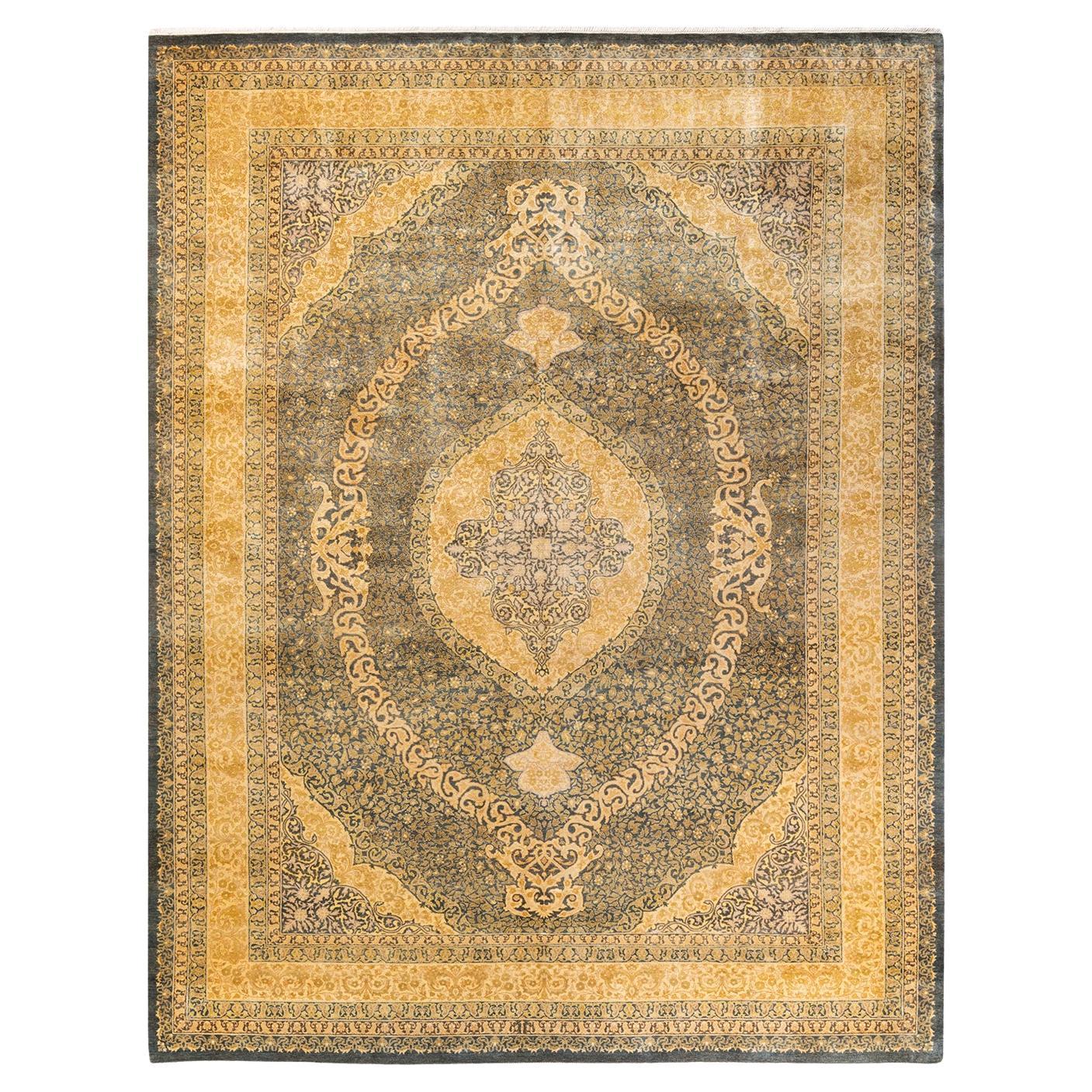 One-of-a-kind Hand Knotted Traditional Floral Mogul Gray Area Rug 9' 2" x 12' 1" For Sale