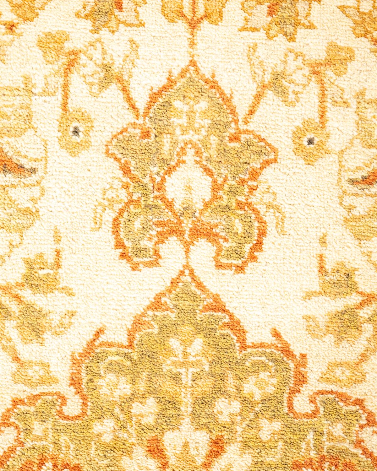 Pakistani One-Of-A-Kind Hand Knotted Traditional Floral Mogul Ivory Area Rug 4' 1