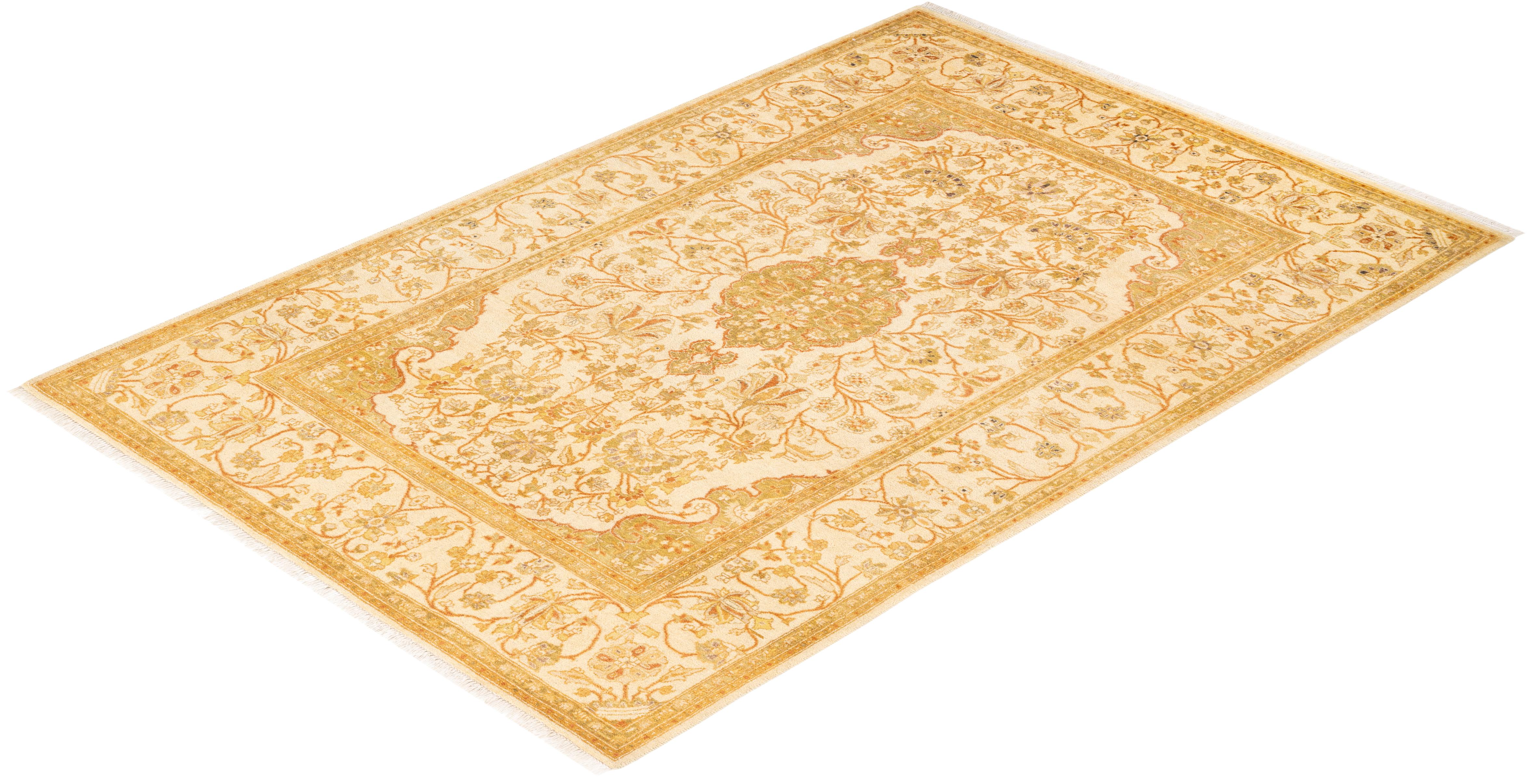 One-Of-A-Kind Hand Knotted Traditional Floral Mogul Ivory Area Rug 4' 1