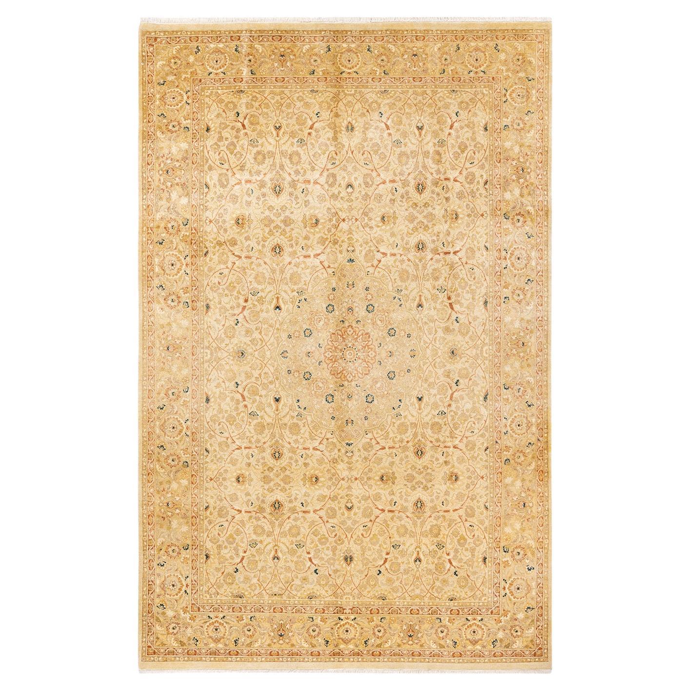 One-of-a-Kind Hand Knotted Traditional Floral Mogul Ivory Area Rug For Sale