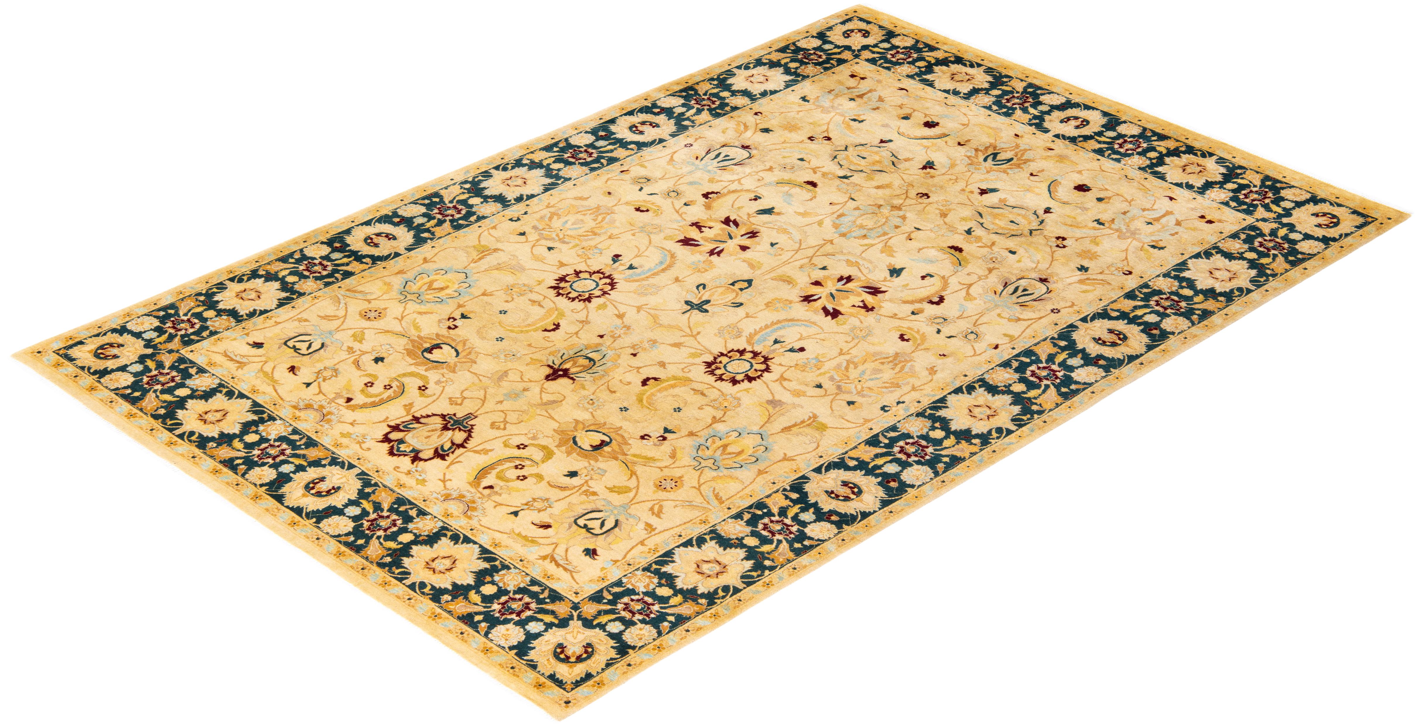 One-of-a-Kind Hand Knotted Traditional Floral Mogul Ivory Area Rug For Sale 2