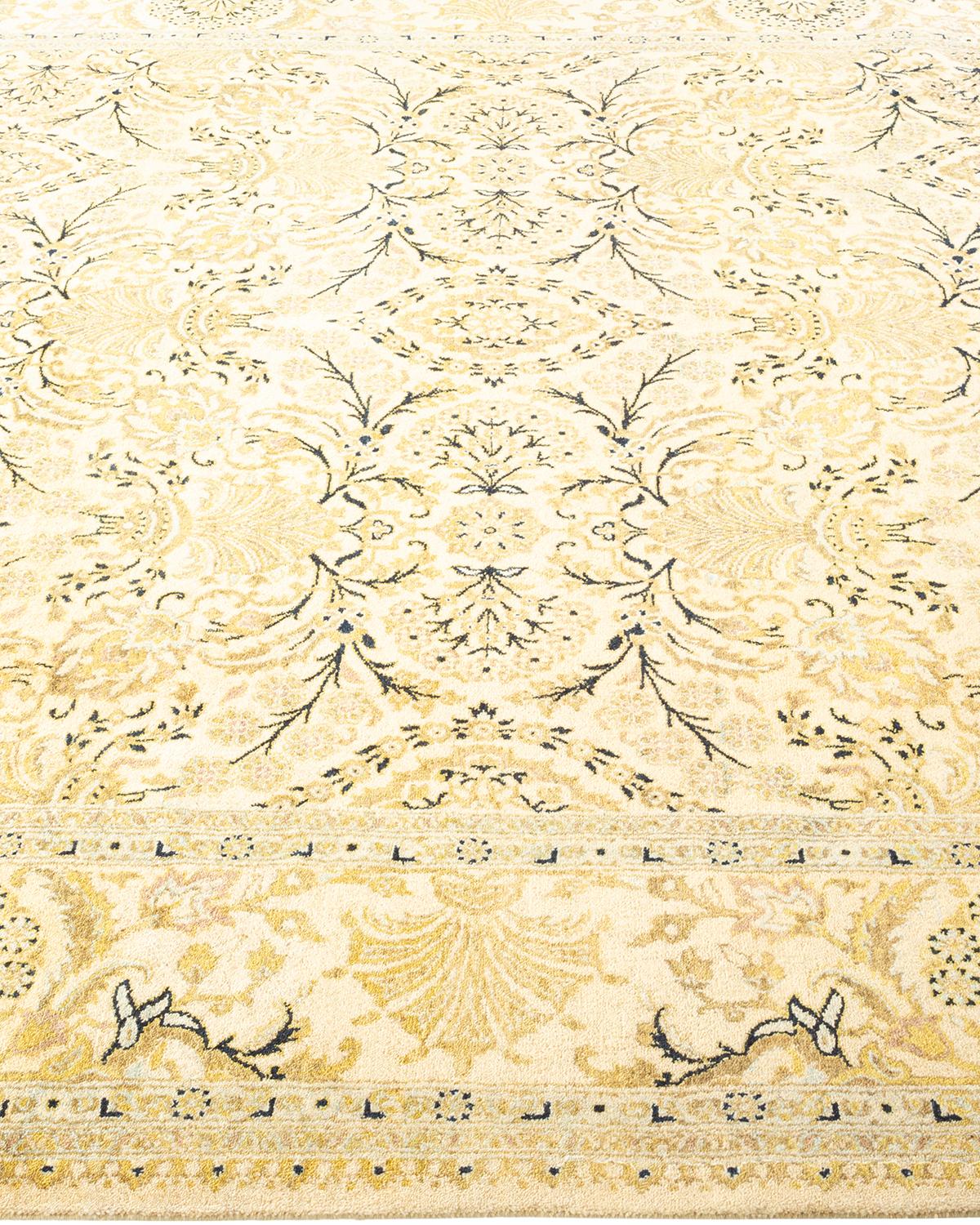 One-of-a-Kind Hand Knotted Traditional Floral Mogul Ivory Area Rug In New Condition For Sale In Norwalk, CT