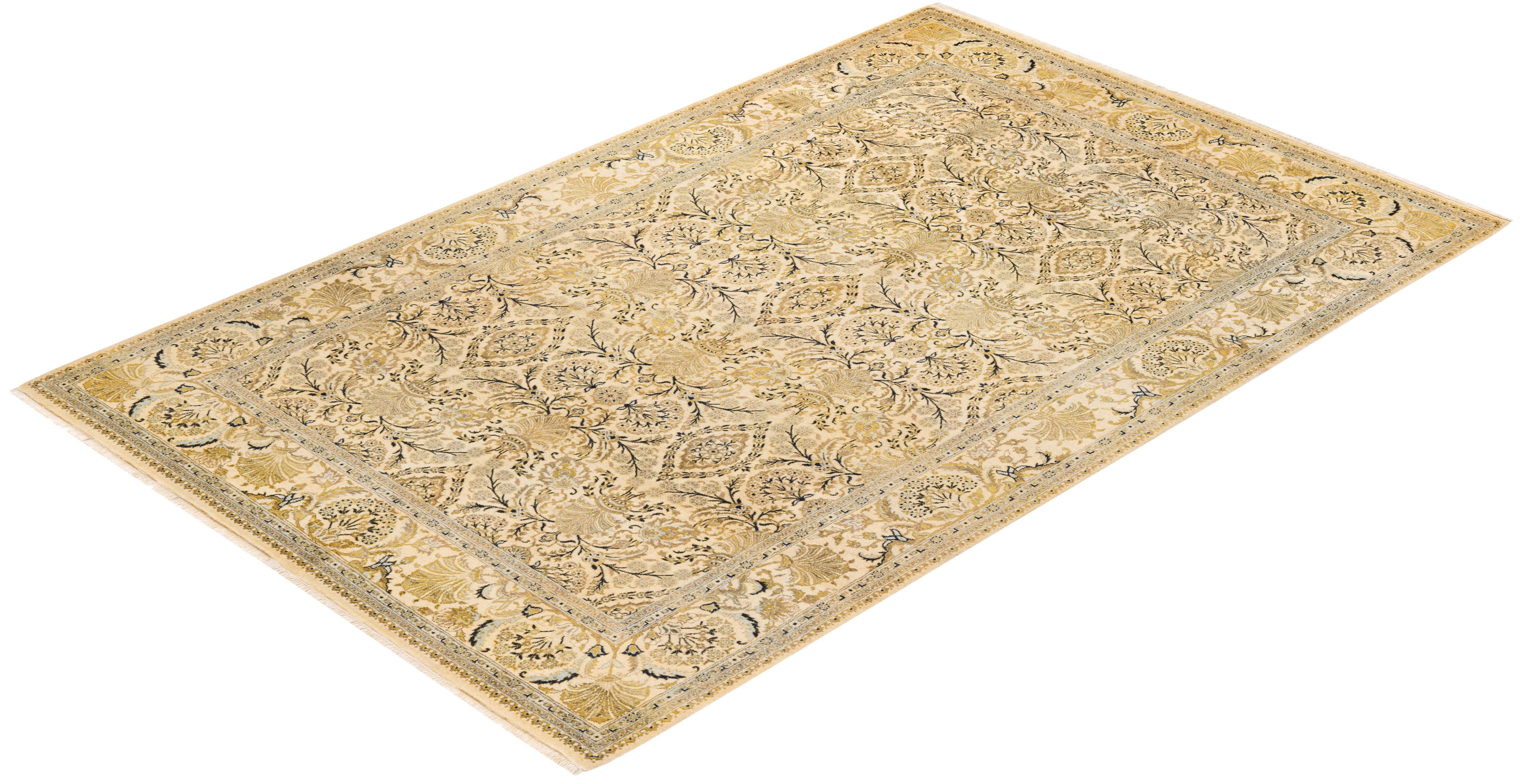 One-of-a-Kind Hand Knotted Traditional Floral Mogul Ivory Area Rug For Sale 2