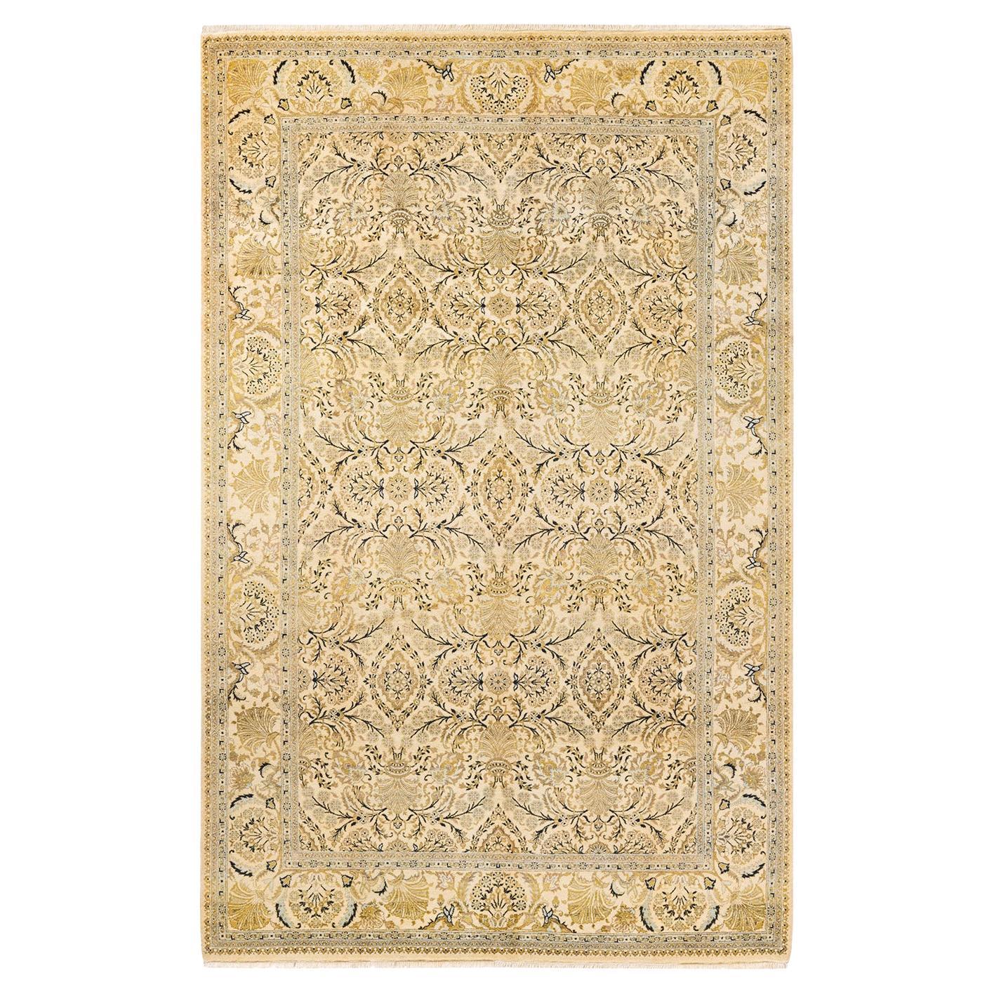 One-of-a-Kind Hand Knotted Traditional Floral Mogul Ivory Area Rug For Sale