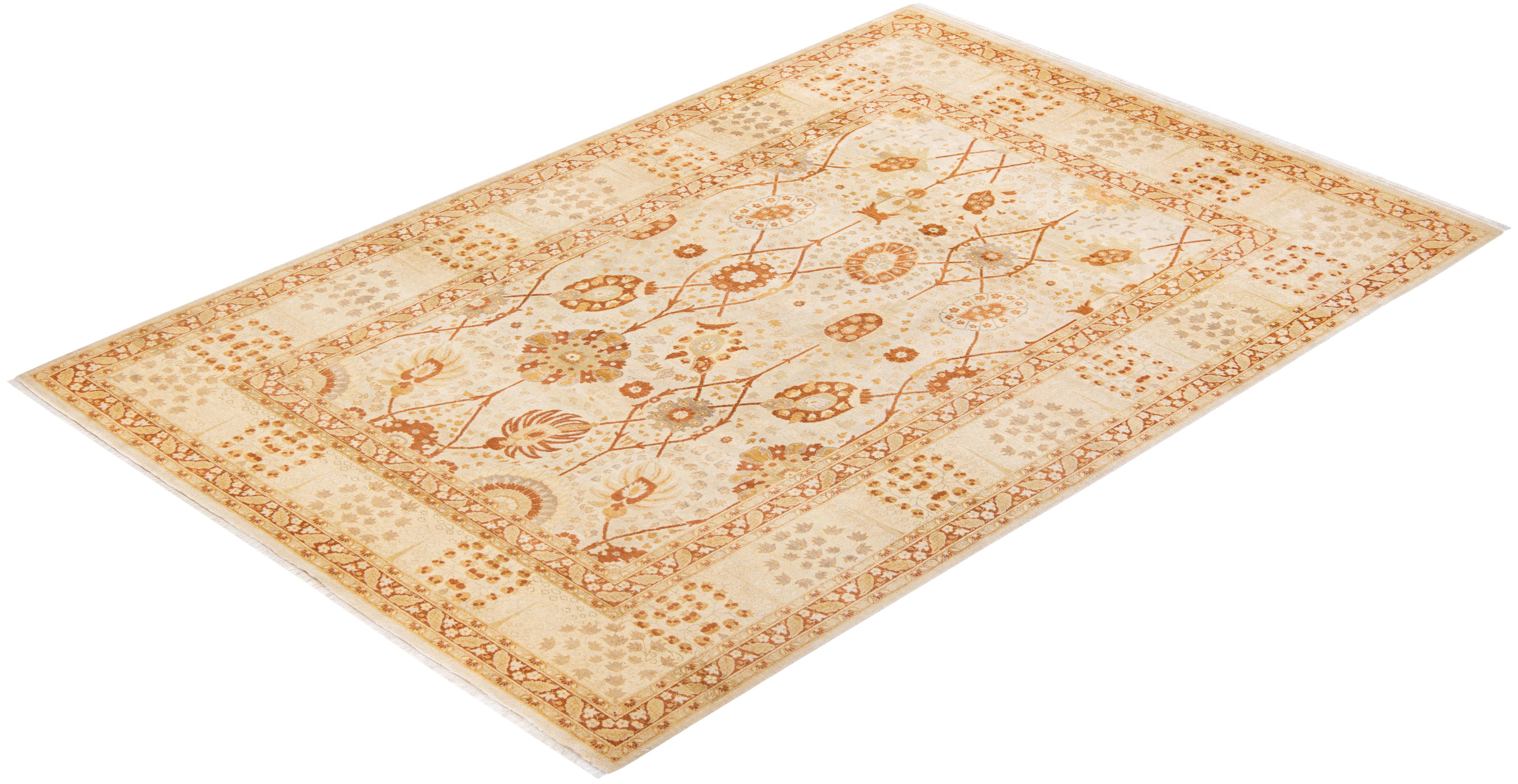 One-Of-A-Kind Hand Knotted Traditional Floral Mogul Ivory Area Rug For Sale 2