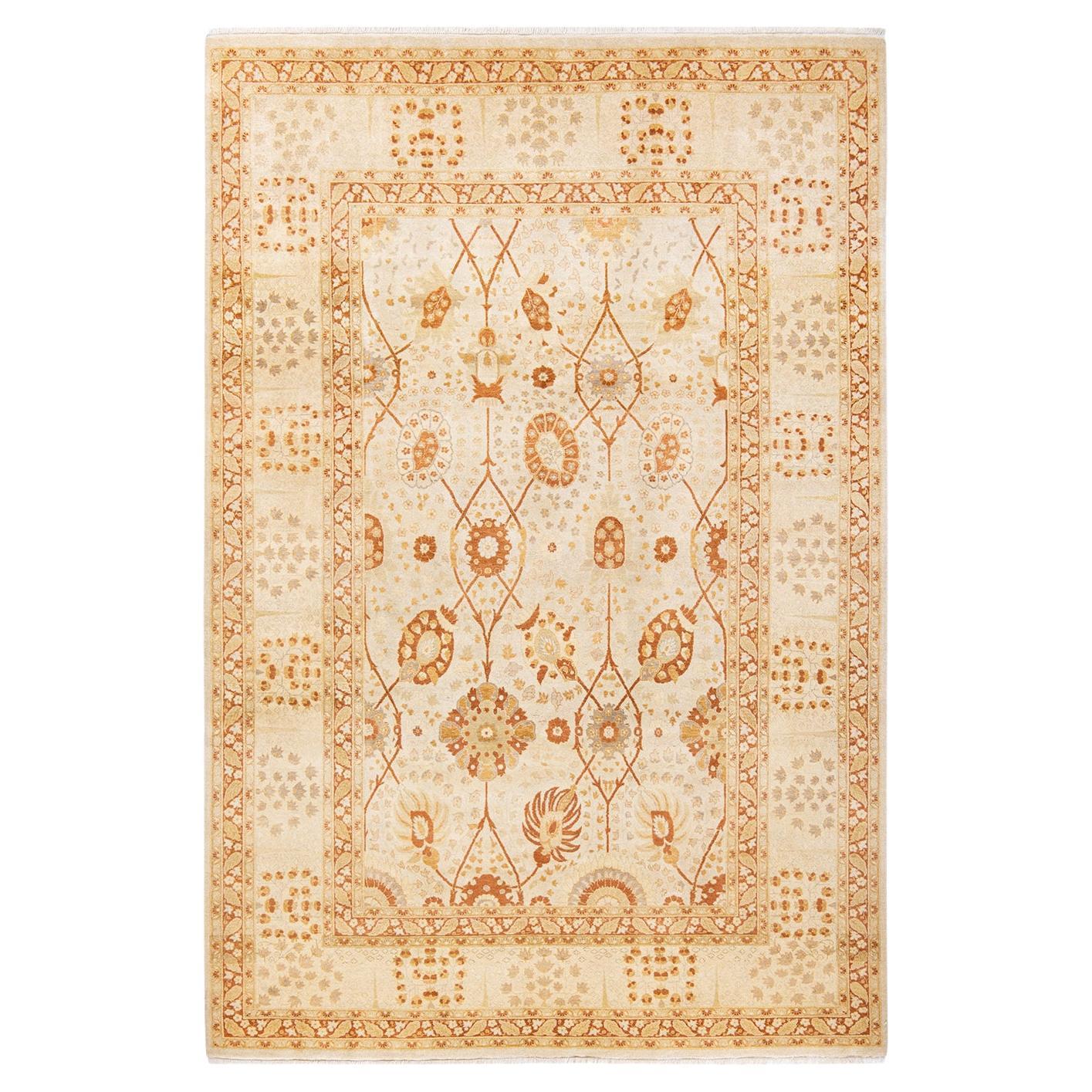 One-Of-A-Kind Hand Knotted Traditional Floral Mogul Ivory Area Rug