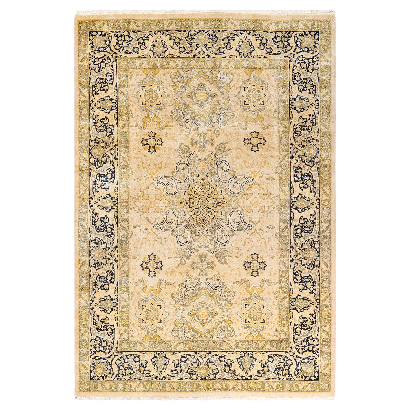 One-of-a-kind Hand Knotted Traditional Floral Mogul Ivory Area Rug 6' 3" x 9' 6" For Sale