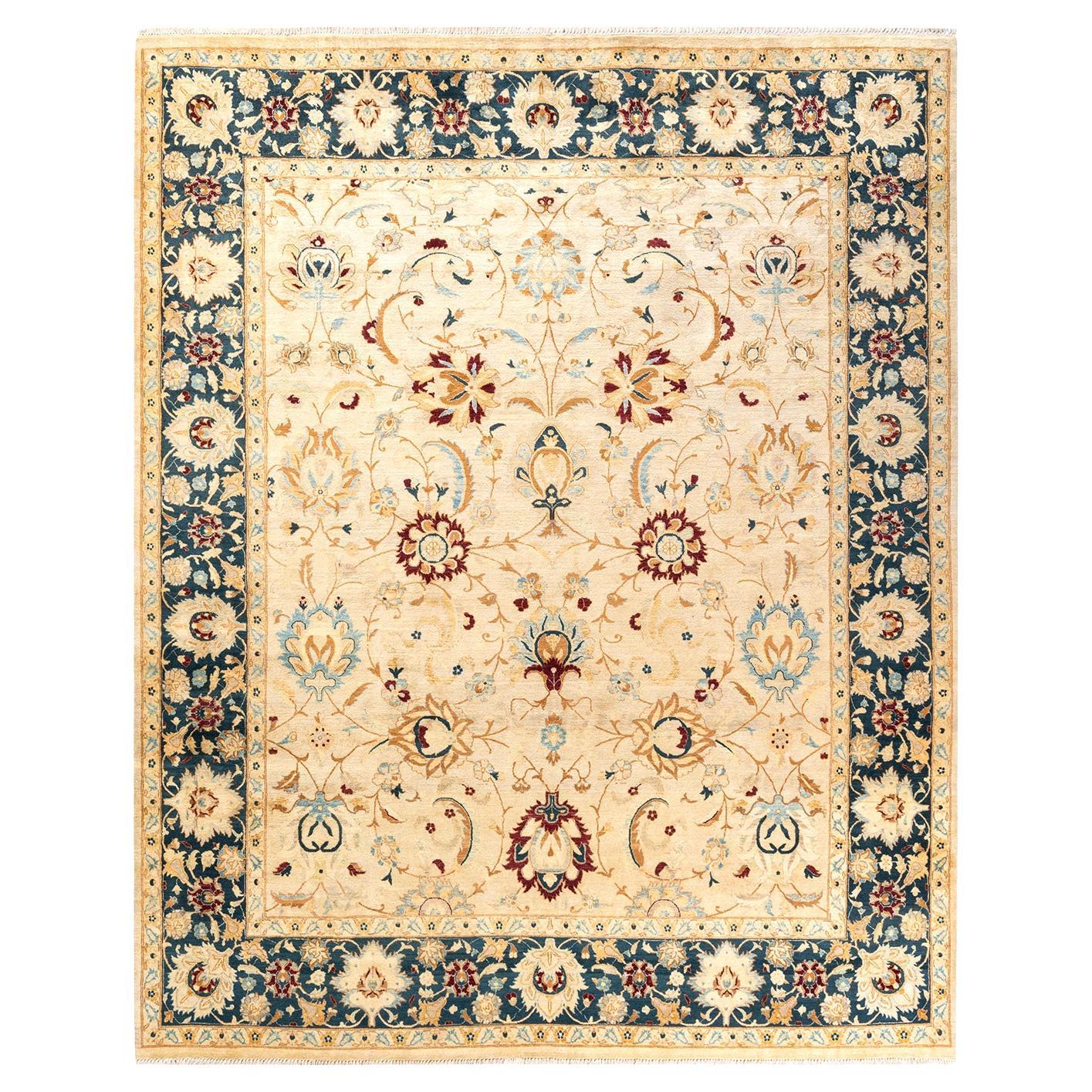 One-Of-A-Kind Hand Knotted Floral Mogul Ivory Area Rug 8' 1" x 10' 1" For Sale