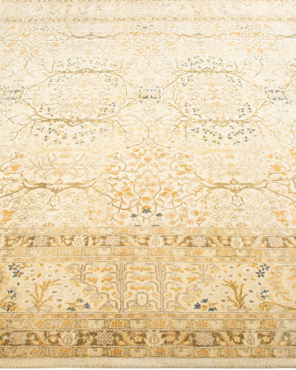 One-of-a-Kind Hand Knotted Traditional Floral Mogul Ivory Area Rug In New Condition For Sale In Norwalk, CT