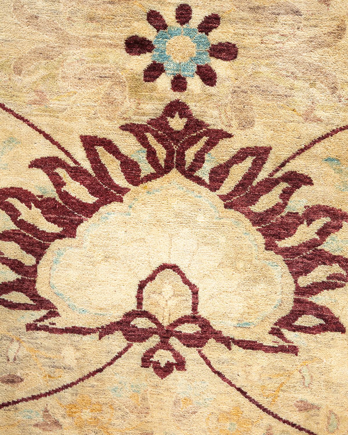 Pakistani One-of-a-kind Hand Knotted Traditional Floral Mogul Ivory Area Rug For Sale