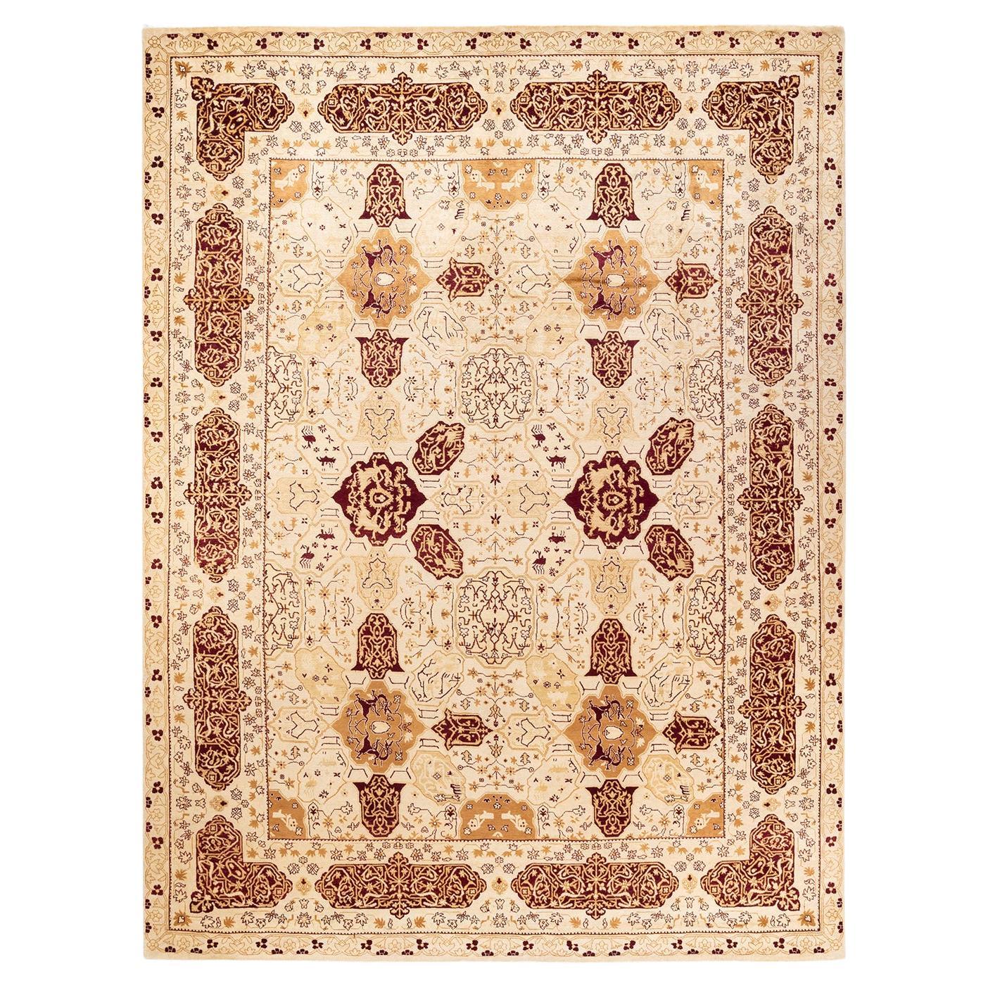 One-of-a-Kind Hand Knotted Traditional Floral Mogul Ivory Area Rug