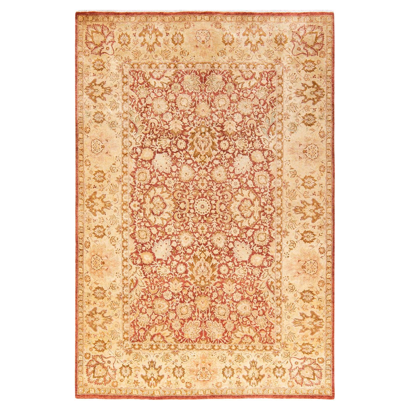 One-Of-A-Kind Hand Knotted Floral Mogul Orange Area Rug 6' 1" x 9'1" For Sale