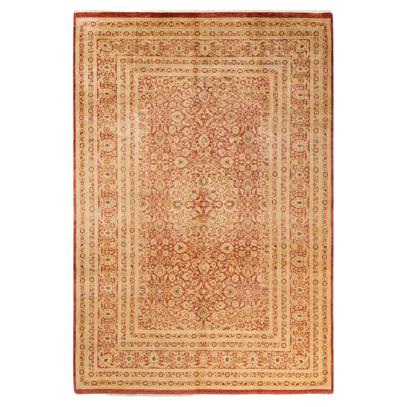 Tapis Mogul orange traditionnel noué à la main à motifs floraux, unique en son genre