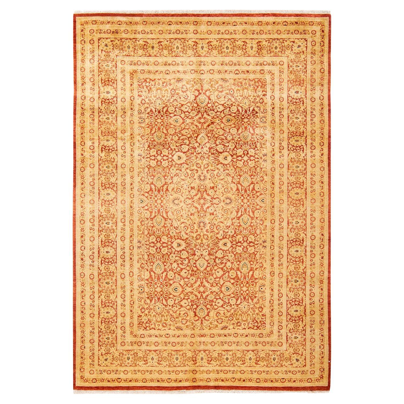 Handgeknüpfter, traditioneller, geblümter Mogul-Teppich in Orange, Unikat