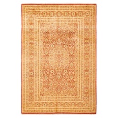 Handgeknüpfter, traditioneller, geblümter Mogul-Teppich in Orange, Unikat