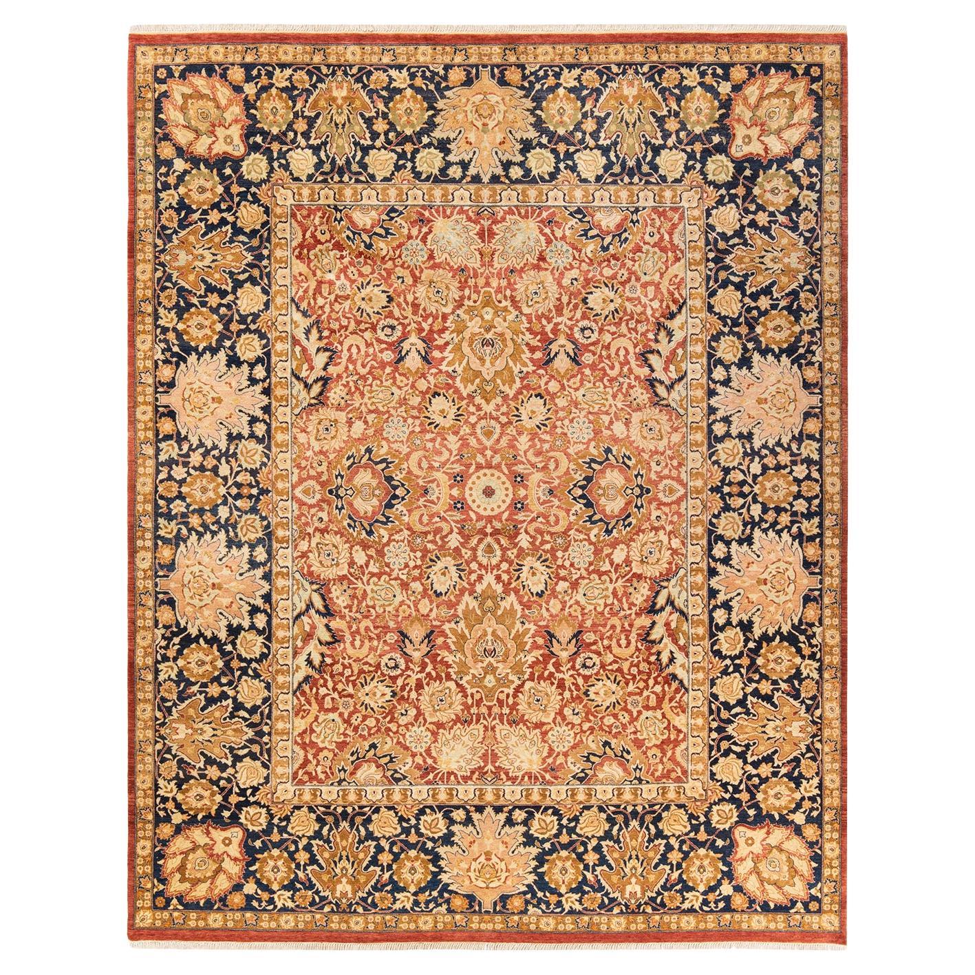 One-of-a-kind Hand Knotted Floral Mogul Orange Area Rug 8' 1" x 10' 3" For Sale