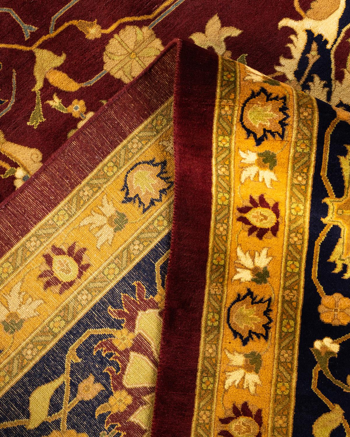 Laine Tapis Mogul rouge traditionnel noué à la main à motifs floraux, unique en son genre