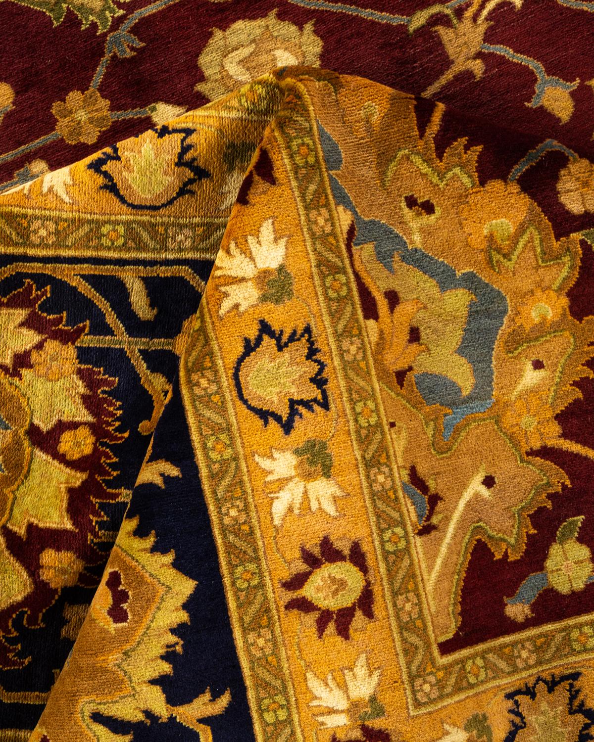 Tapis Mogul rouge traditionnel noué à la main à motifs floraux, unique en son genre 1