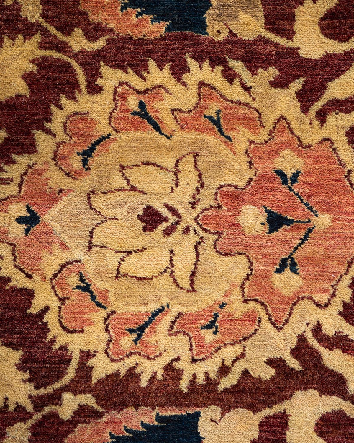 Pakistani One-Of-A-Kind Hand Knotted Traditional Floral Mogul Red Area Rug 12' 2