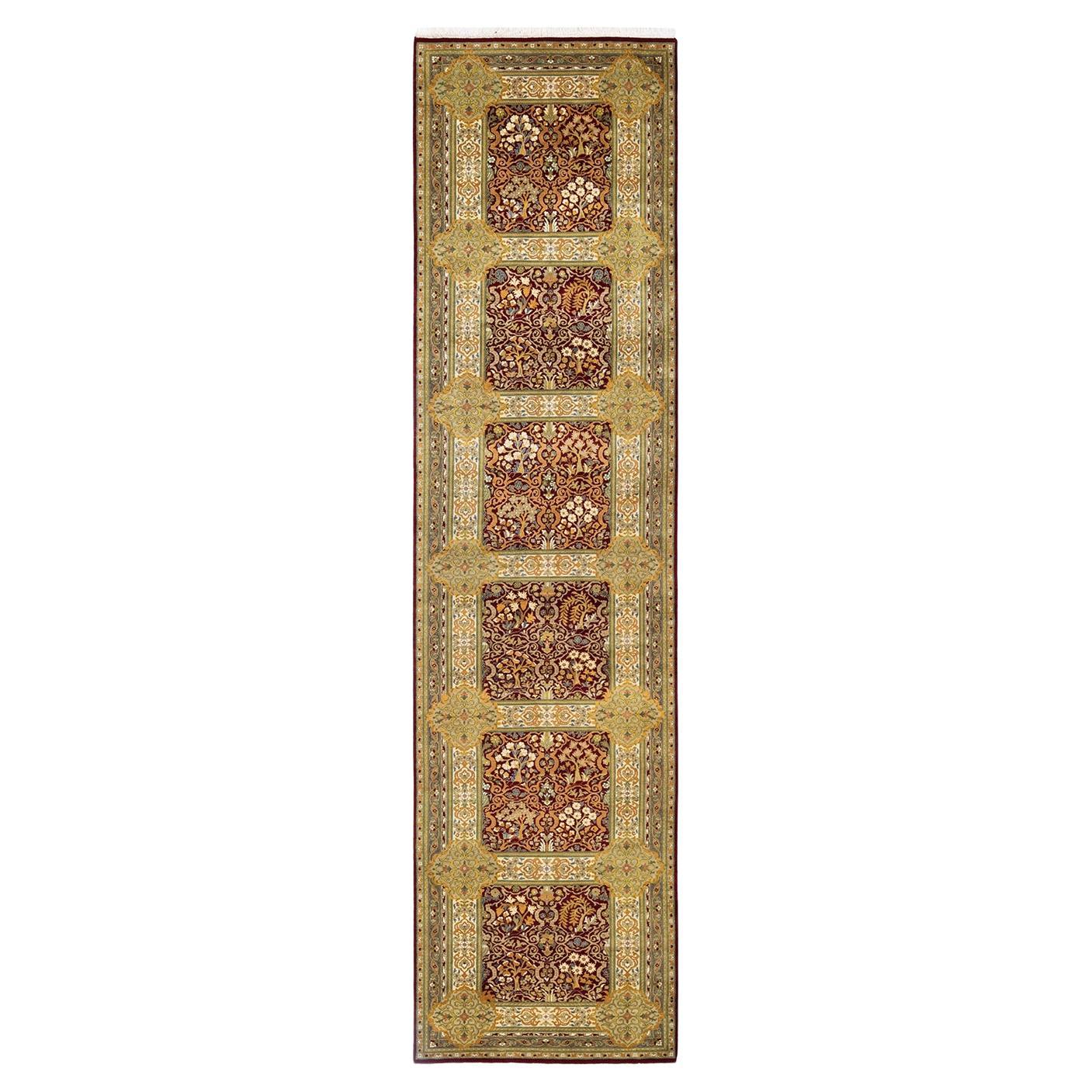 One-Of-A-Kind Hand Knotted Traditional Floral Mogul Red Area Rug 3' 1" x 12' 4" For Sale