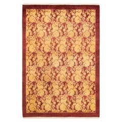 Tapis Mogul rouge traditionnel noué à la main à motifs floraux, unique en son genre